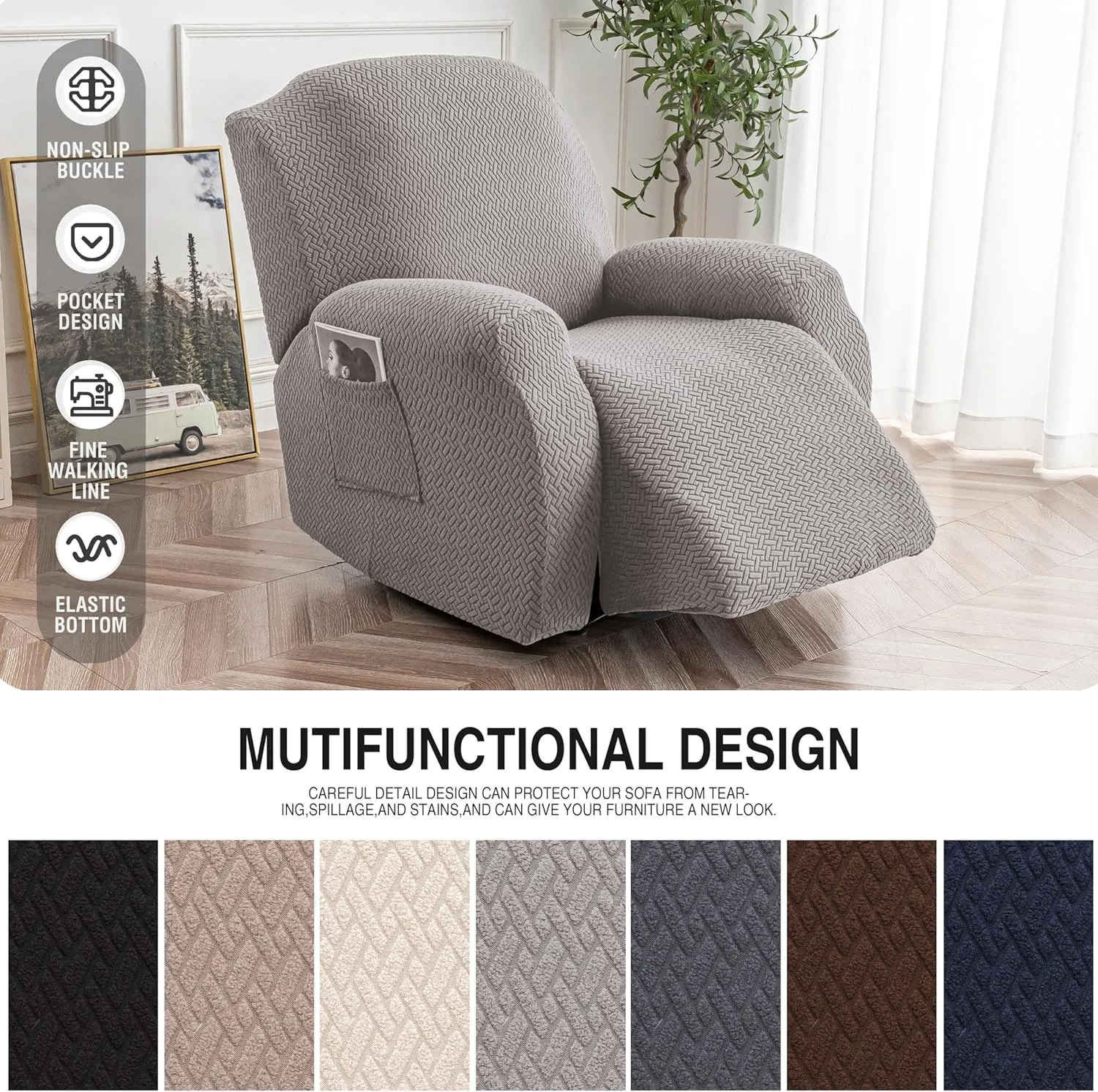 Genina Recliner Chair Covers, Stretch Reclining Chair Cover, Recliner Sofa Slipcovers Stripe Jacquard Lazy Couch Covers Furniture Protector Covers for Pet Kid (Light Grey, 1 Seat)