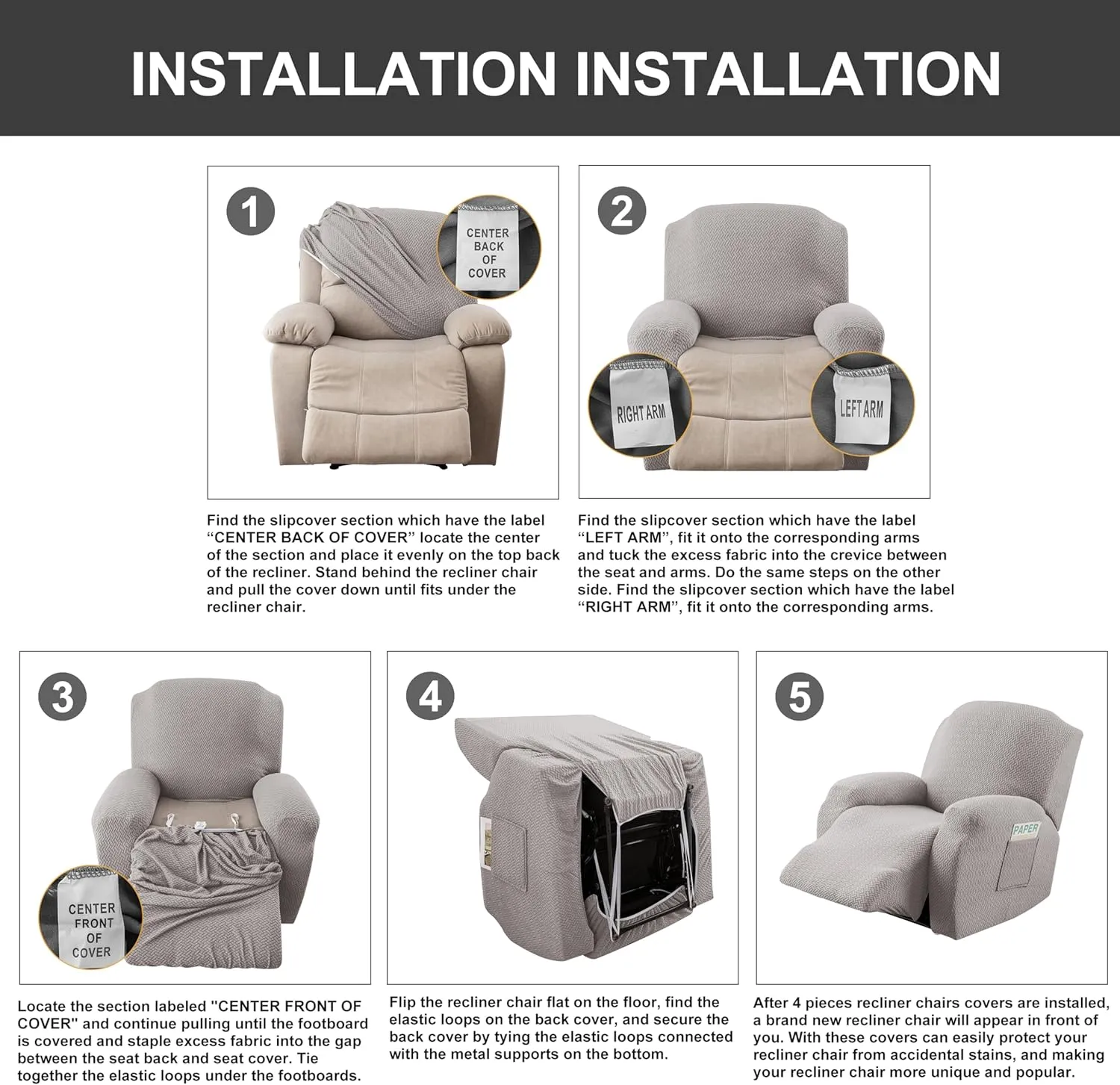 Genina Recliner Chair Covers, Stretch Reclining Chair Cover, Recliner Sofa Slipcovers Stripe Jacquard Lazy Couch Covers Furniture Protector Covers for Pet Kid (Light Grey, 1 Seat)