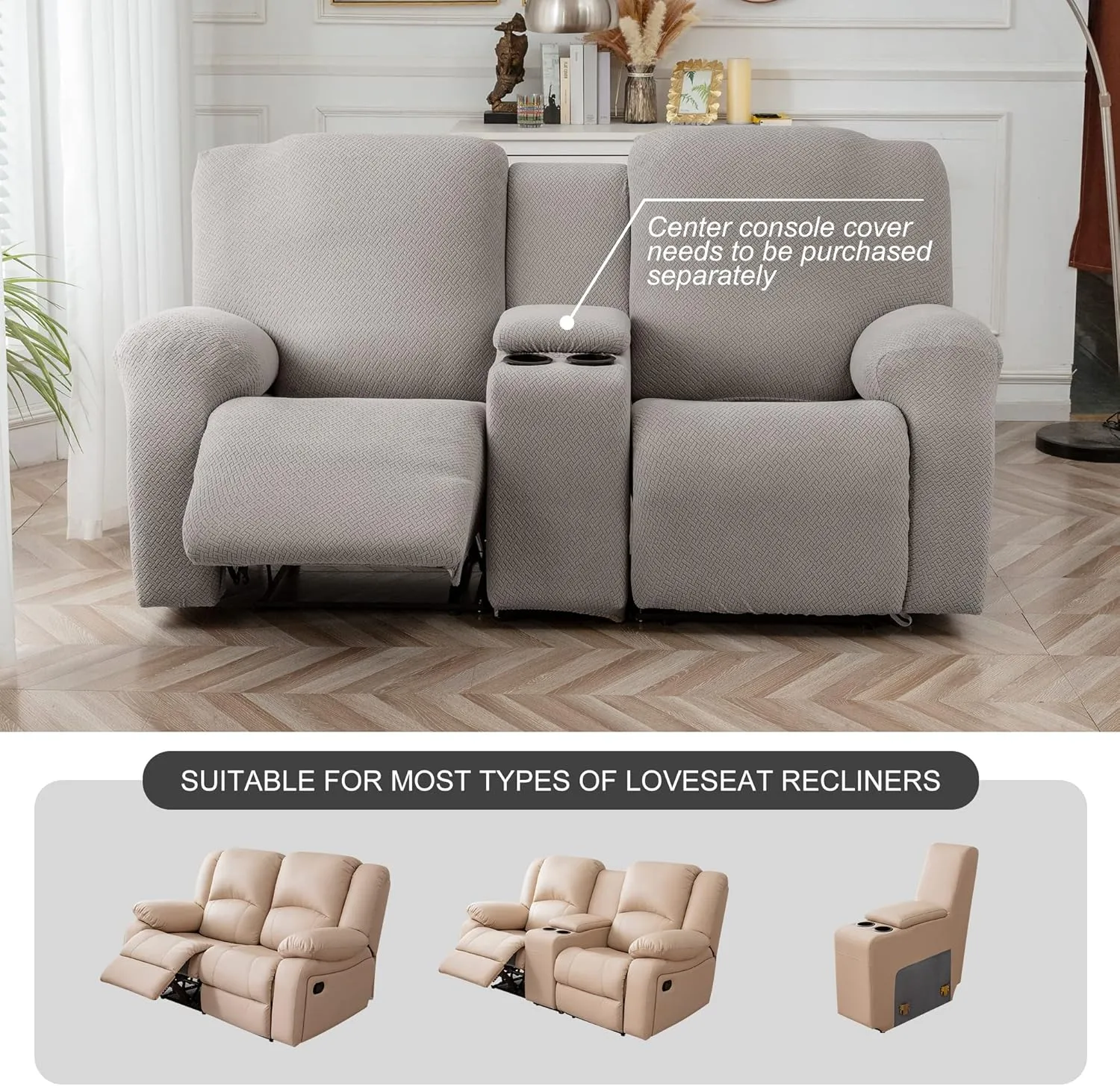 Genina Recliner Loveseat Cover Stretch Couch Covers Sofa slipcover for 2 Seat Reclining Couch Thick Jacquard Furniture Protector (Light Grey)