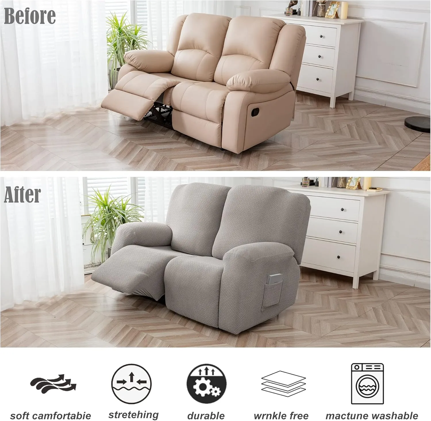 Genina Recliner Loveseat Cover Stretch Couch Covers Sofa slipcover for 2 Seat Reclining Couch Thick Jacquard Furniture Protector (Light Grey)