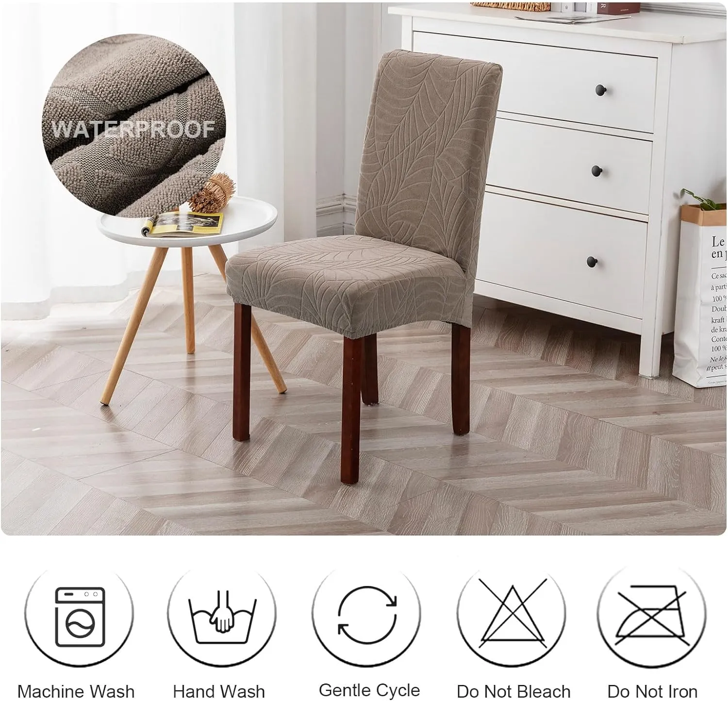 Genina Waterproof Chair Covers for Dining Room, Stretch Jacquard Dining Chair Slipcovers Removable Washable Chair Protector for Kitchen, Hotel, Restaurant (Leaves-Taupe, 6 PCS)