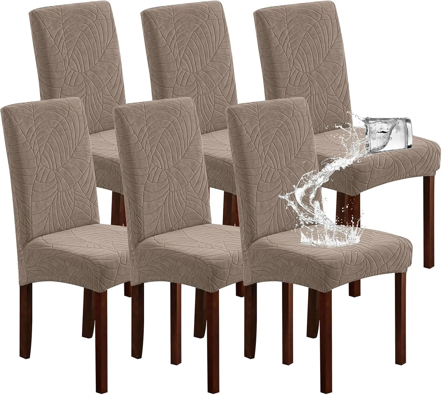 Genina Waterproof Chair Covers for Dining Room, Stretch Jacquard Dining Chair Slipcovers Removable Washable Chair Protector for Kitchen, Hotel, Restaurant (Leaves-Taupe, 6 PCS)