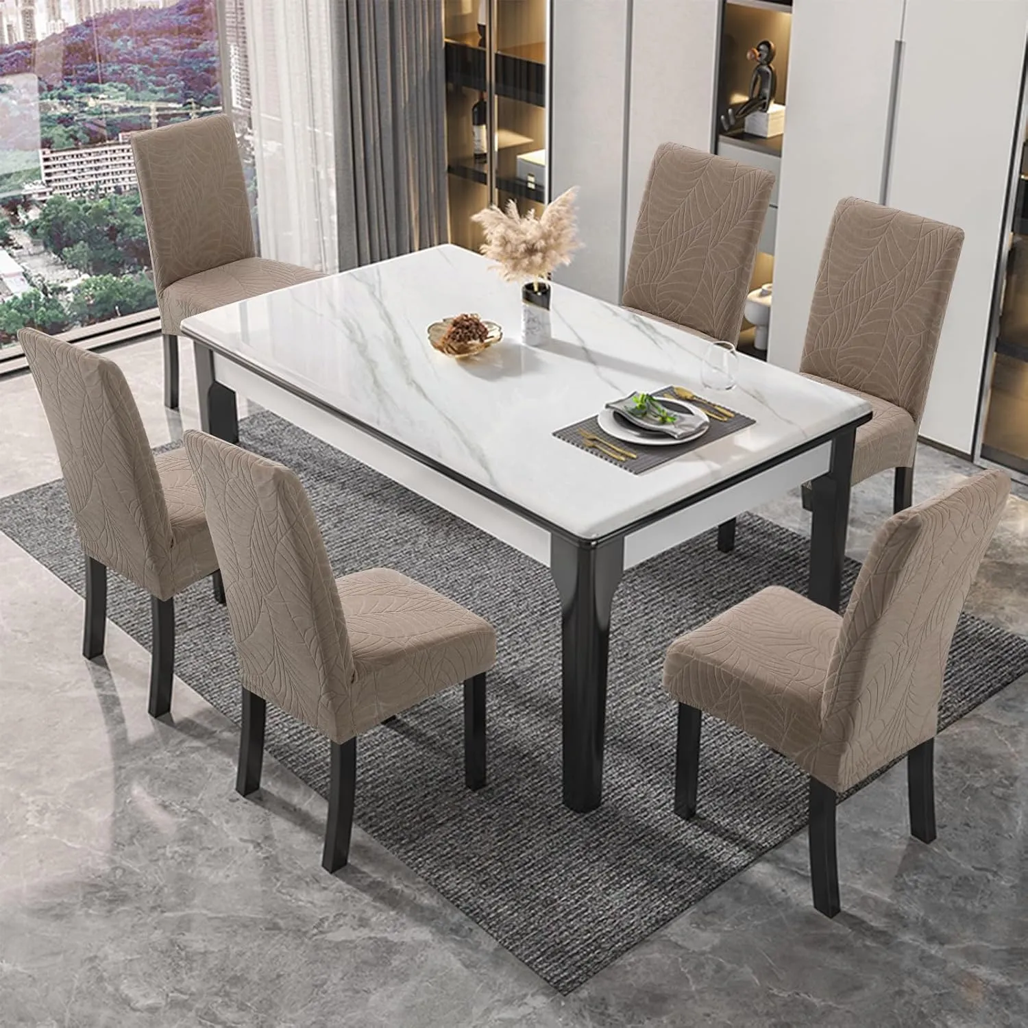 Genina Waterproof Chair Covers for Dining Room, Stretch Jacquard Dining Chair Slipcovers Removable Washable Chair Protector for Kitchen, Hotel, Restaurant (Leaves-Taupe, 6 PCS)
