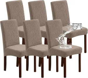 Genina Waterproof Chair Covers for Dining Room, Stretch Jacquard Dining Chair Slipcovers Removable Washable Chair Protector for Kitchen, Hotel, Restaurant (Leaves-Taupe, 6 PCS)