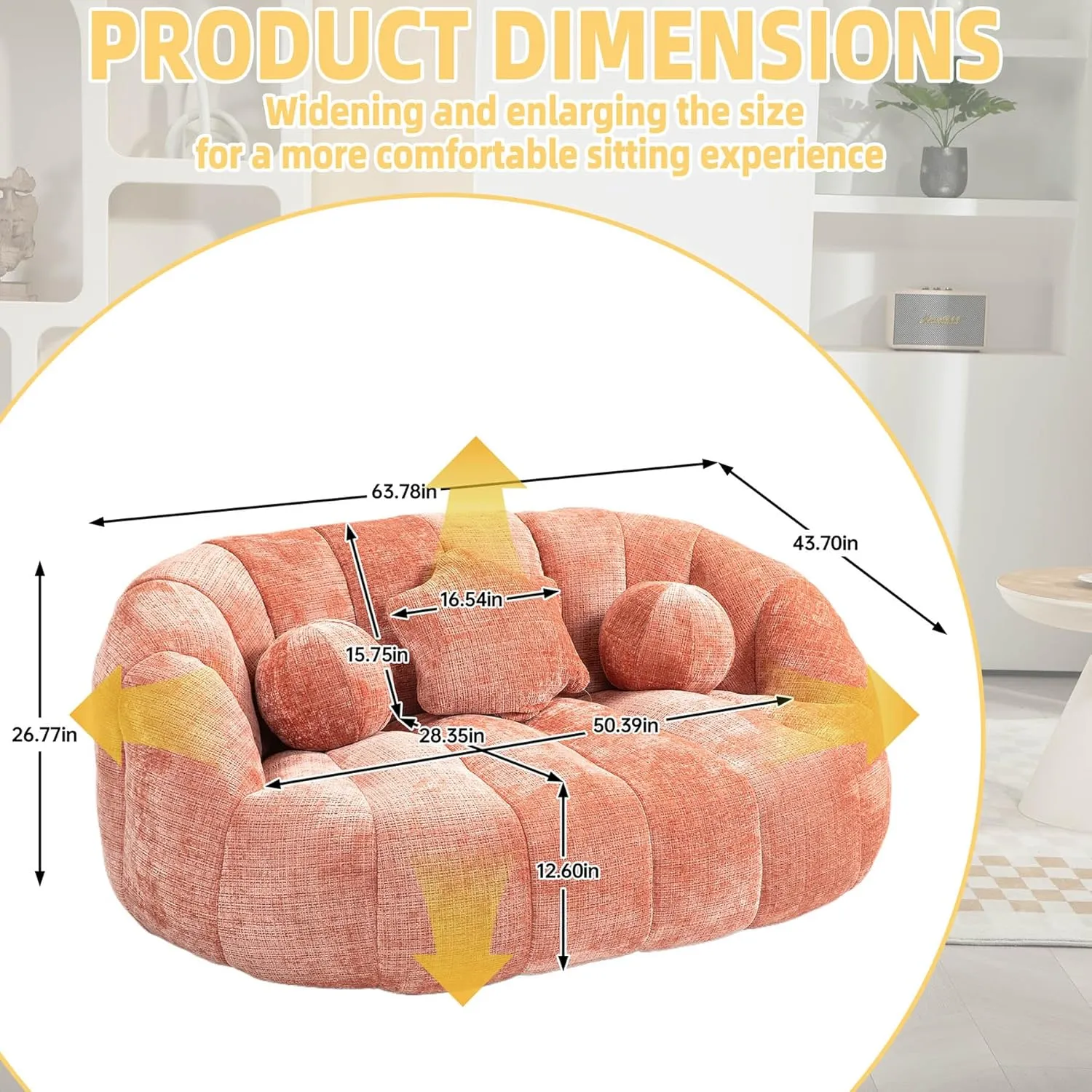 Giant Bean Bag Chair Couch for Adults, Beanbag Lounger with 3 Pillows, Large Lounger High Back Lazy Loveseat Chair, for Bedroom, Living Room, Game Room (Pink)