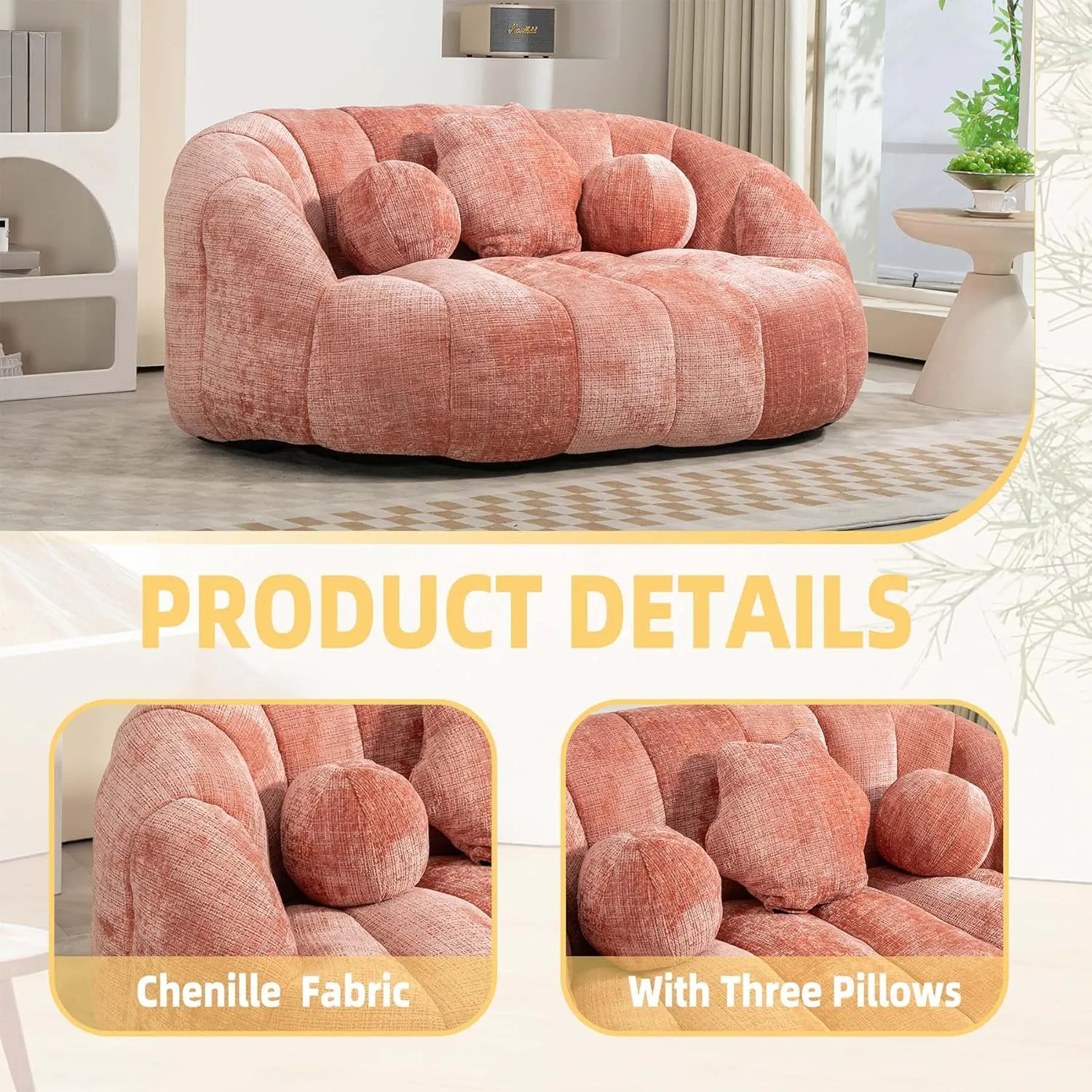 Giant Bean Bag Chair Couch for Adults, Beanbag Lounger with 3 Pillows, Large Lounger High Back Lazy Loveseat Chair, for Bedroom, Living Room, Game Room (Pink)