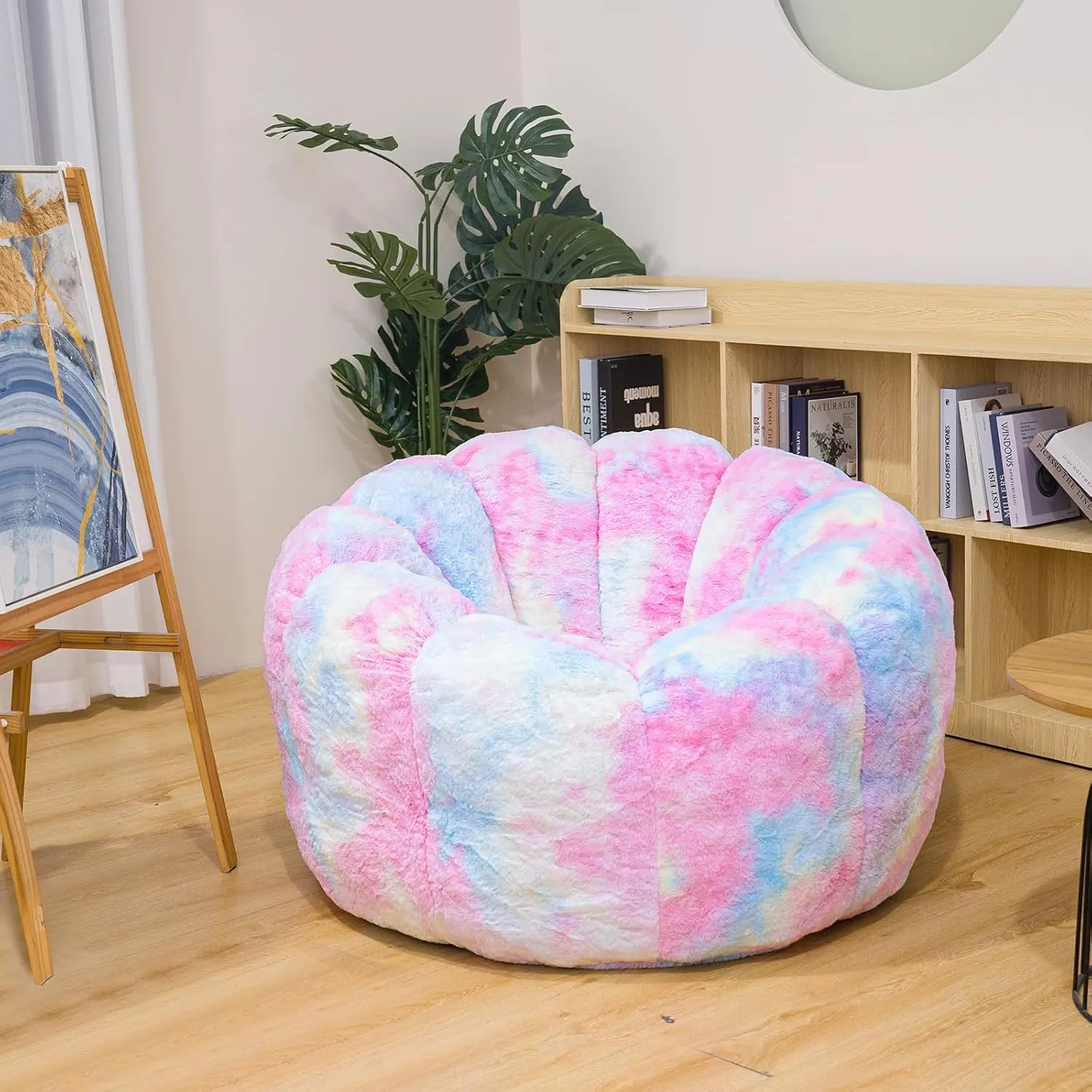 Giant Bean Bag Chair, Faux Fur Adult Chair with Petal Armrest Oversize Bean Bag Sofa for Bedroom, Living Room, Dorm, Game - Rainbow, X-Large, High Support