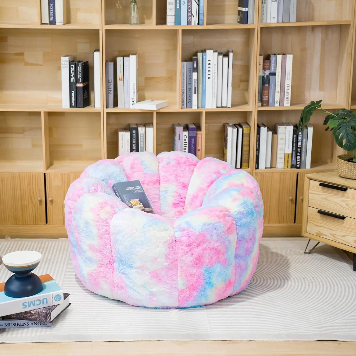Giant Bean Bag Chair, Faux Fur Adult Chair with Petal Armrest Oversize Bean Bag Sofa for Bedroom, Living Room, Dorm, Game - Rainbow, X-Large, High Support