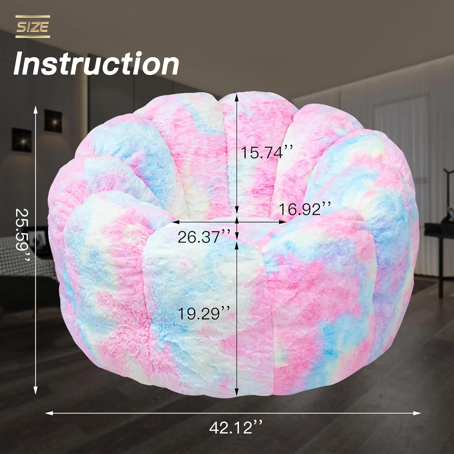Giant Bean Bag Chair, Faux Fur Adult Chair with Petal Armrest Oversize Bean Bag Sofa for Bedroom, Living Room, Dorm, Game - Rainbow, X-Large, High Support