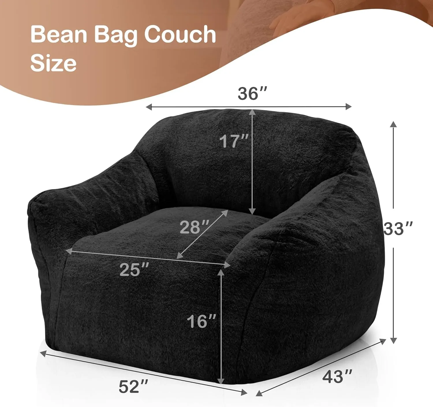 Giant Bean Bag Chair for Adults, Large Memory Foam BeanBag Chairs, Oversized Bean Bag Sofa with Filler, Faux Fur Big Reading Chair Comfy Floor Sofa Chair (Black)