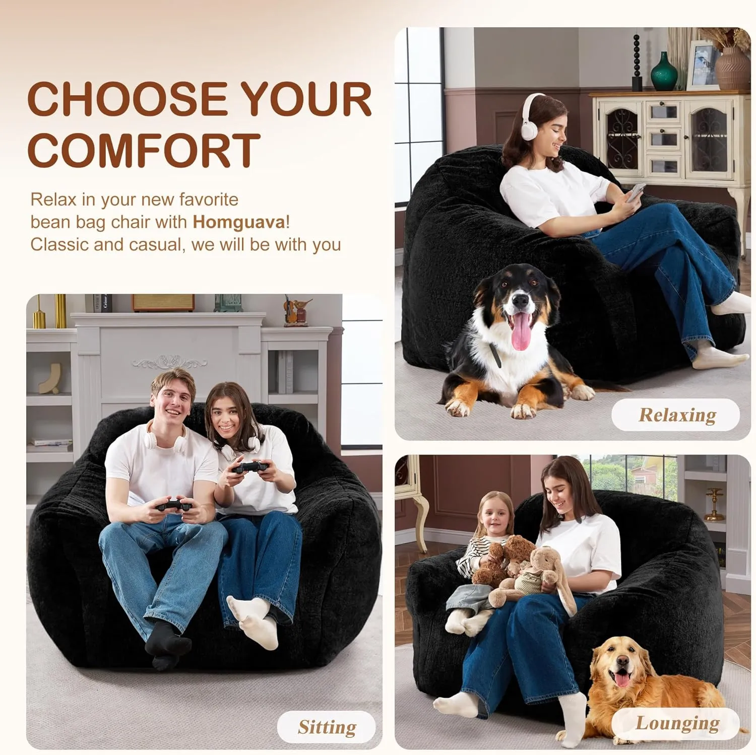 Giant Bean Bag Chair for Adults, Large Memory Foam BeanBag Chairs, Oversized Bean Bag Sofa with Filler, Faux Fur Big Reading Chair Comfy Floor Sofa Chair (Black)