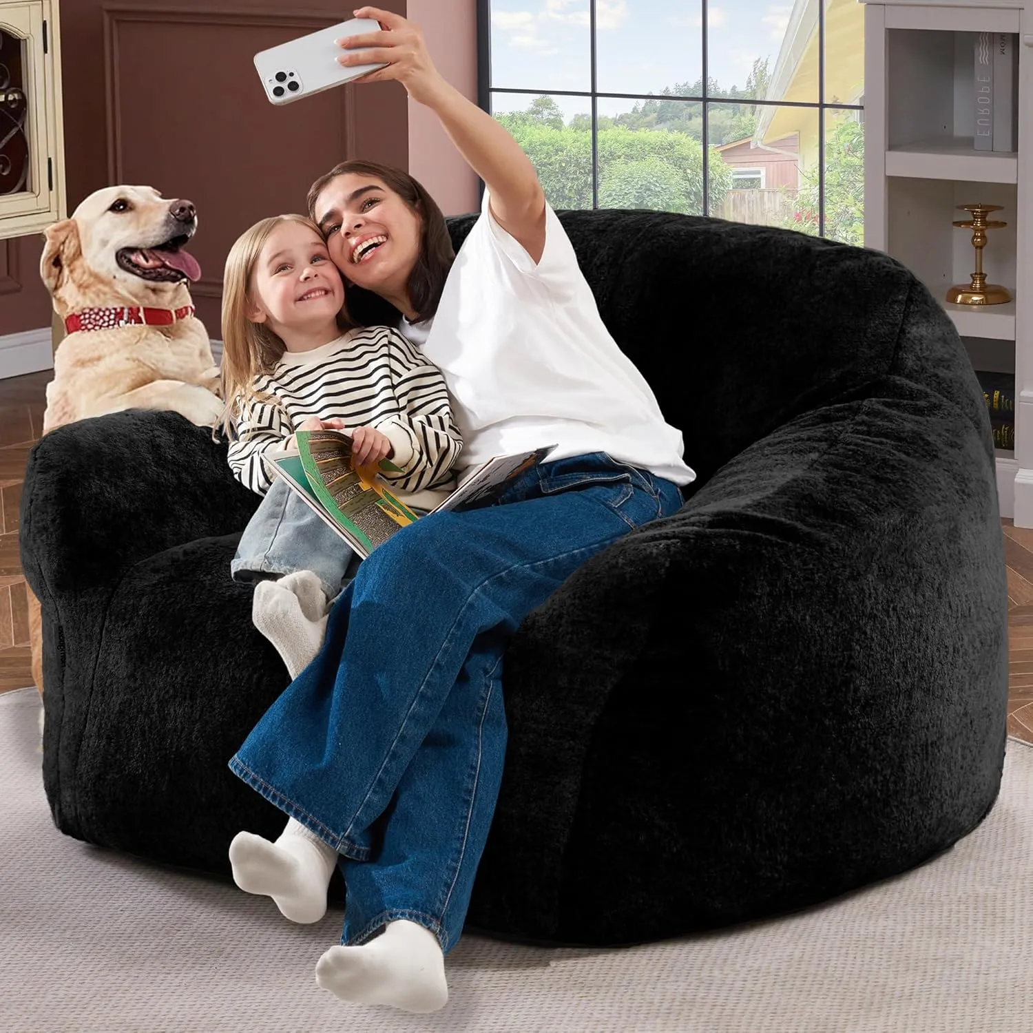 Giant Bean Bag Chair for Adults, Large Memory Foam BeanBag Chairs, Oversized Bean Bag Sofa with Filler, Faux Fur Big Reading Chair Comfy Floor Sofa Chair (Black)