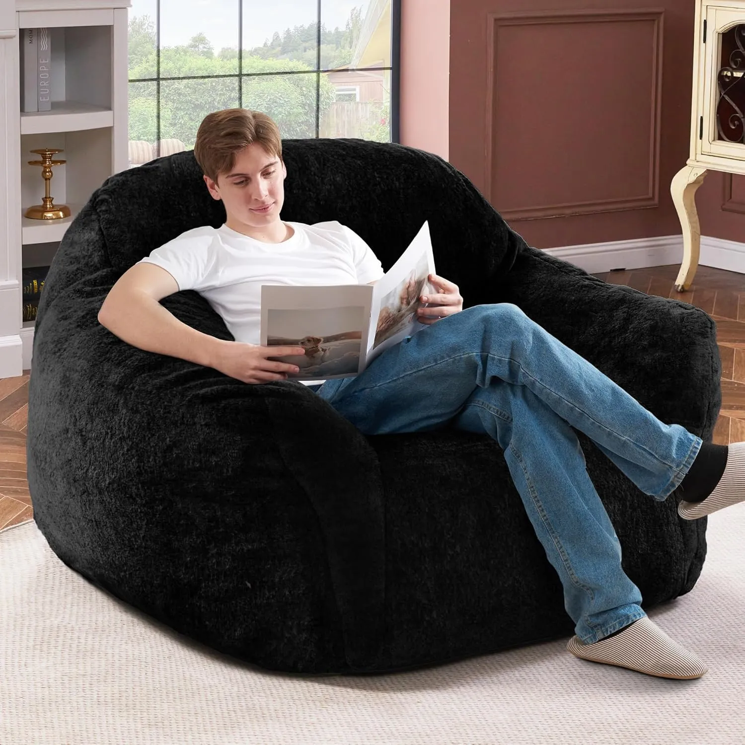 Giant Bean Bag Chair for Adults, Large Memory Foam BeanBag Chairs, Oversized Bean Bag Sofa with Filler, Faux Fur Big Reading Chair Comfy Floor Sofa Chair (Black)