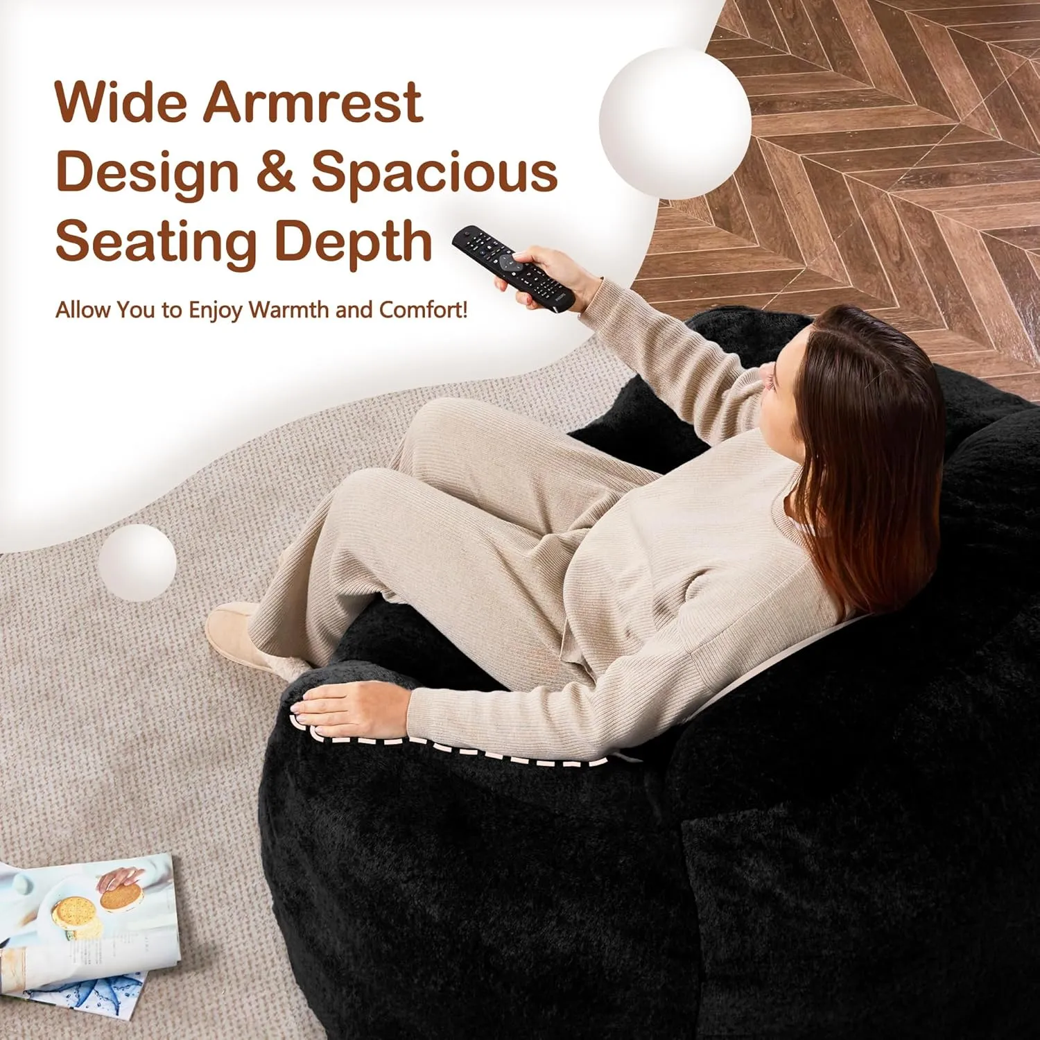 Giant Bean Bag Chair for Adults, Large Memory Foam BeanBag Chairs, Oversized Bean Bag Sofa with Filler, Faux Fur Big Reading Chair Comfy Floor Sofa Chair (Black)