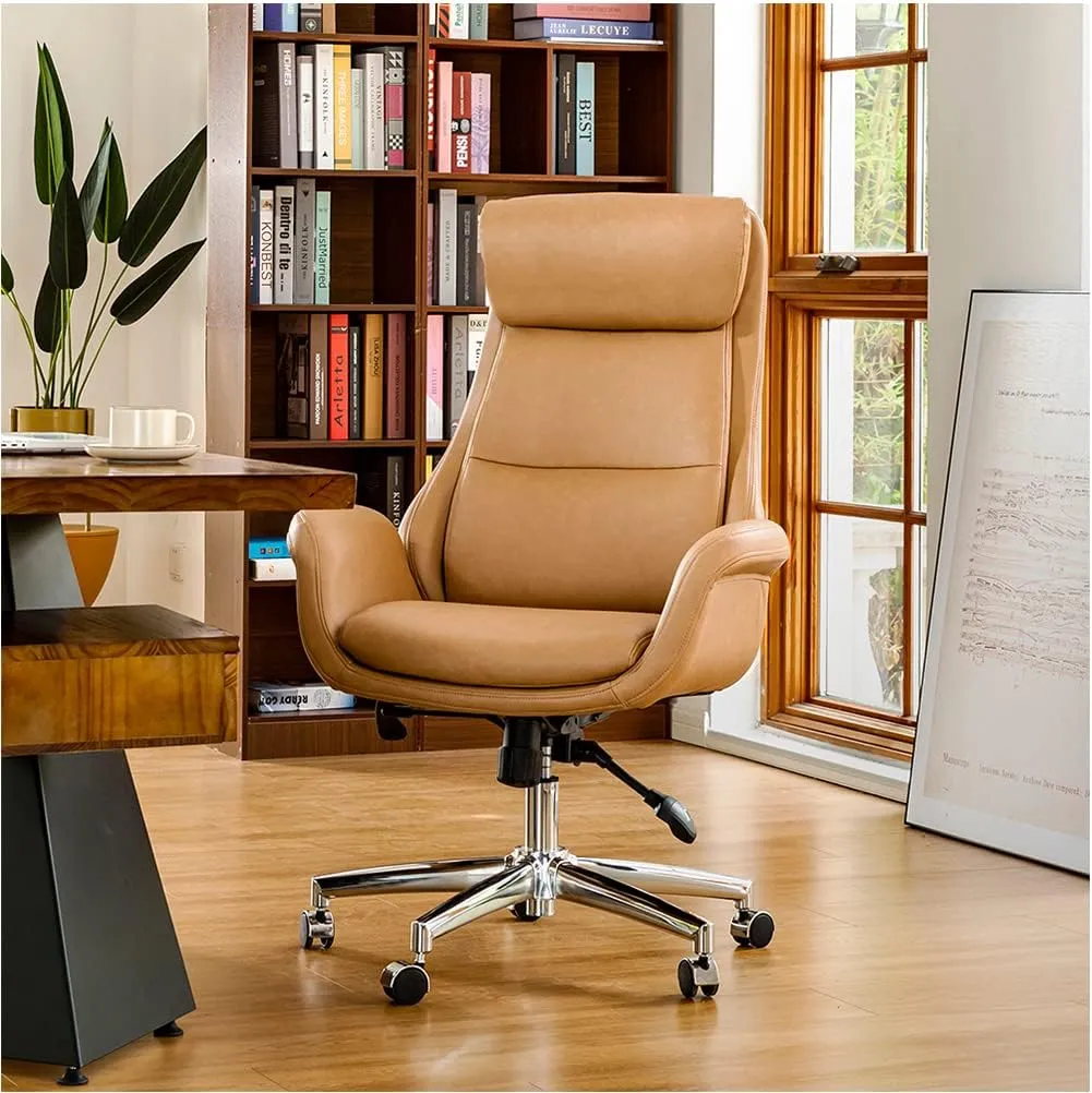 Glitzhome Modern High Back PU Leather Chairs Computer Desk Chair, Task Chair with Lumbar Back Support Adjustable Office Chair Executive Swivel Chair(Camel)