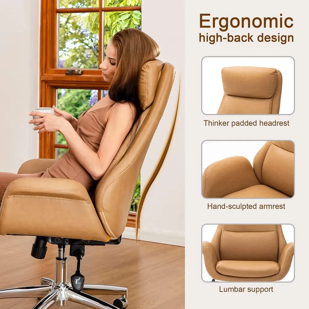 Glitzhome Modern High Back PU Leather Chairs Computer Desk Chair, Task Chair with Lumbar Back Support Adjustable Office Chair Executive Swivel Chair(Camel)