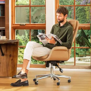 Glitzhome Modern High Back PU Leather Chairs Computer Desk Chair, Task Chair with Lumbar Back Support Adjustable Office Chair Executive Swivel Chair(Camel)