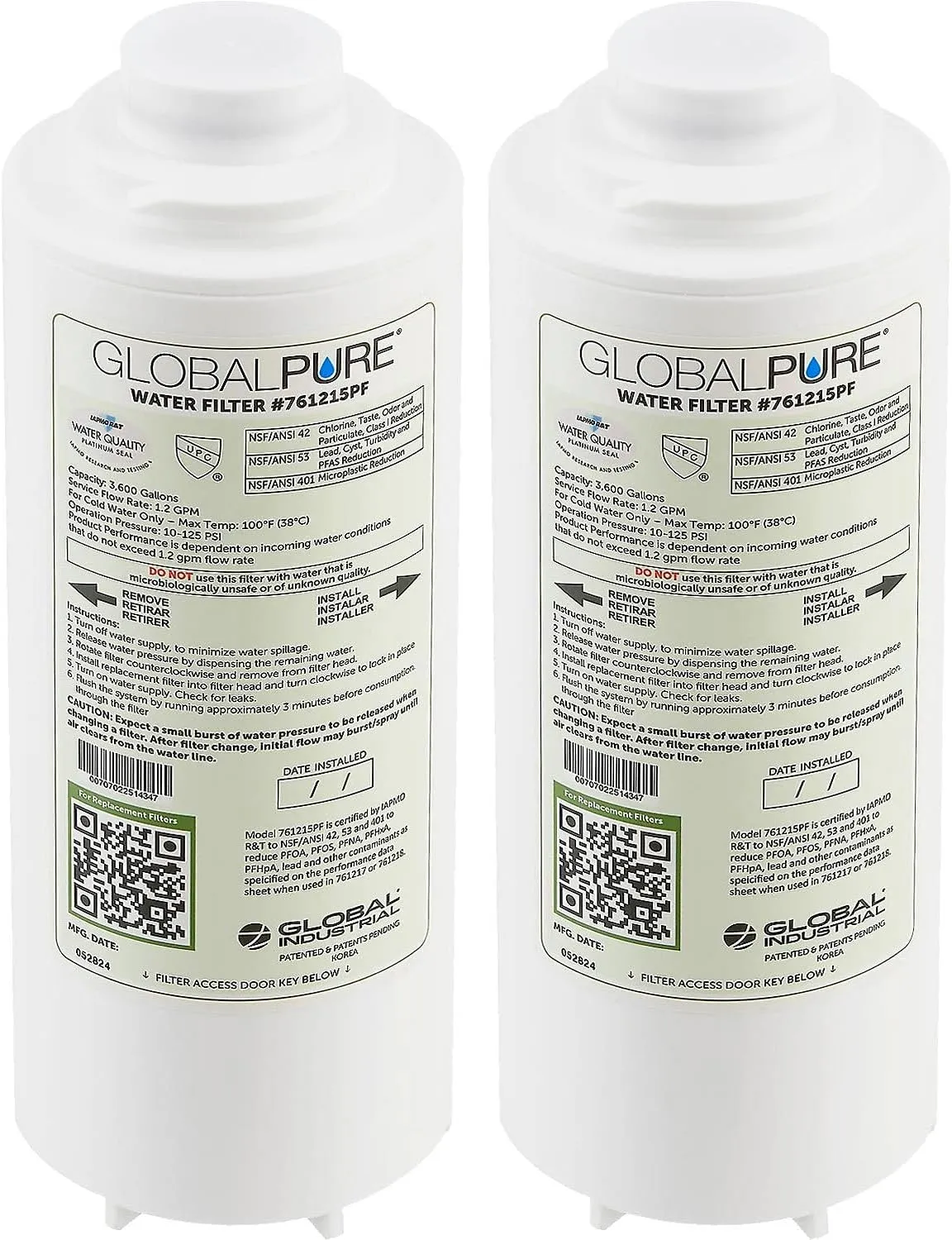 Global Industrial Global Pure Replacement Water Filter PFAS, 3,600 Gallon Capacity, Drinking Fountain and Bottle Fillers Replacement Filter, Cold Water Filter Only, 2/Pack