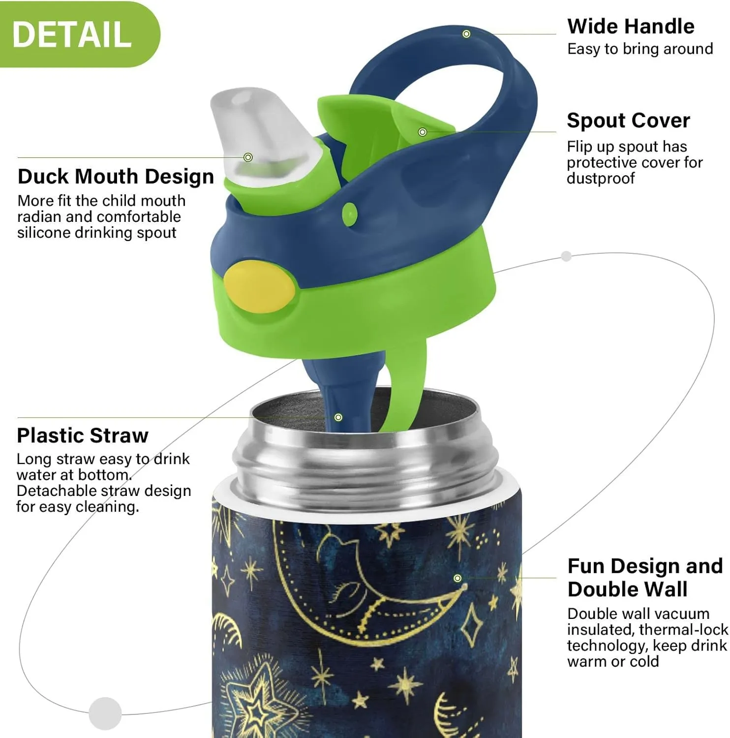 Gold Sun Moon Golden Soleil Cosmos Astrology on Dark Blue Pattern Tumbler with Lid & Straw, Boys Girls Stainless Steel Double Wall Cup Water Bottle BPA-Free Vacuum Insulated Thermal Mug 11.8 Oz