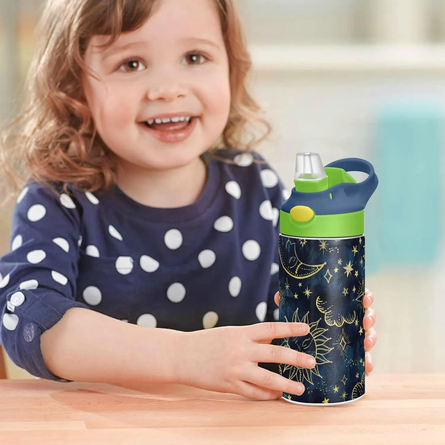 Gold Sun Moon Golden Soleil Cosmos Astrology on Dark Blue Pattern Tumbler with Lid & Straw, Boys Girls Stainless Steel Double Wall Cup Water Bottle BPA-Free Vacuum Insulated Thermal Mug 11.8 Oz