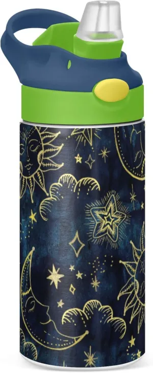 Gold Sun Moon Golden Soleil Cosmos Astrology on Dark Blue Pattern Tumbler with Lid & Straw, Boys Girls Stainless Steel Double Wall Cup Water Bottle BPA-Free Vacuum Insulated Thermal Mug 11.8 Oz