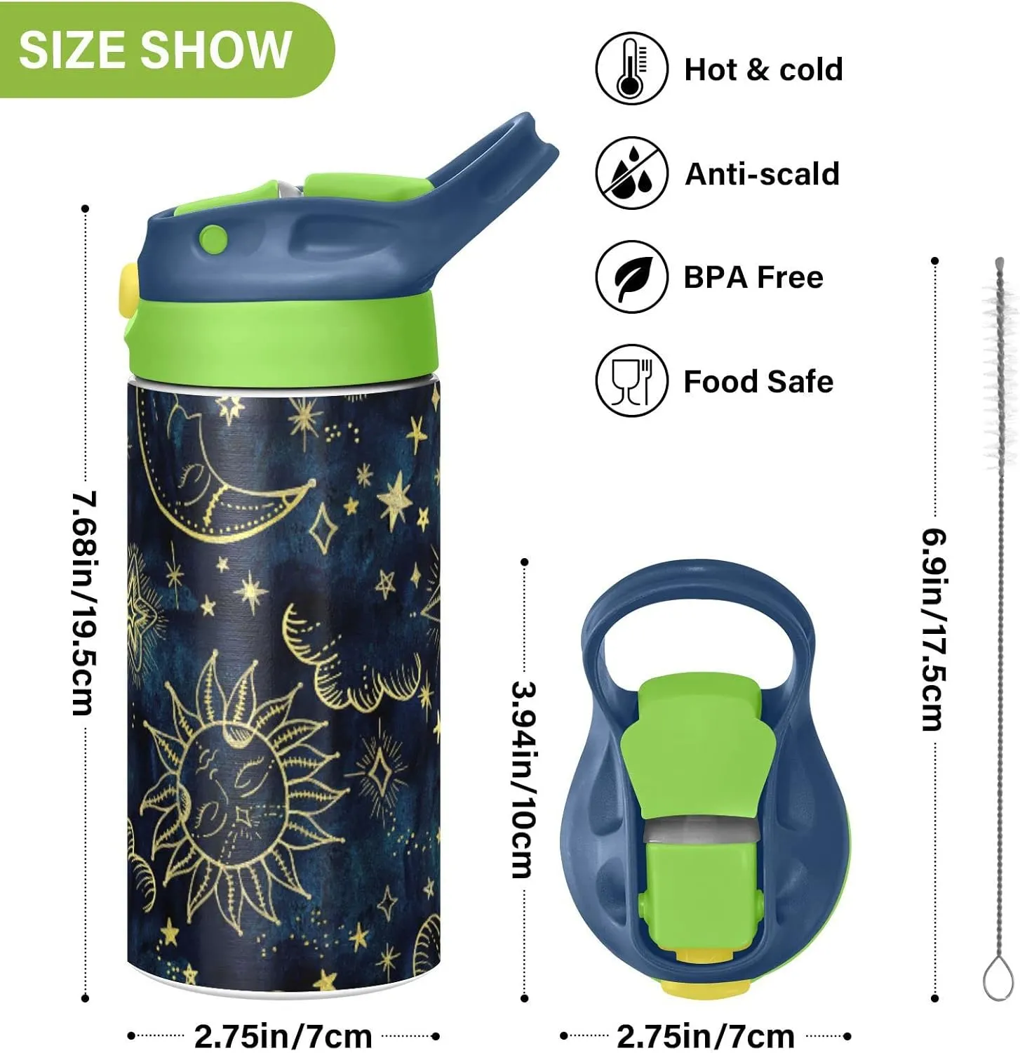 Gold Sun Moon Golden Soleil Cosmos Astrology on Dark Blue Pattern Tumbler with Lid & Straw, Boys Girls Stainless Steel Double Wall Cup Water Bottle BPA-Free Vacuum Insulated Thermal Mug 11.8 Oz