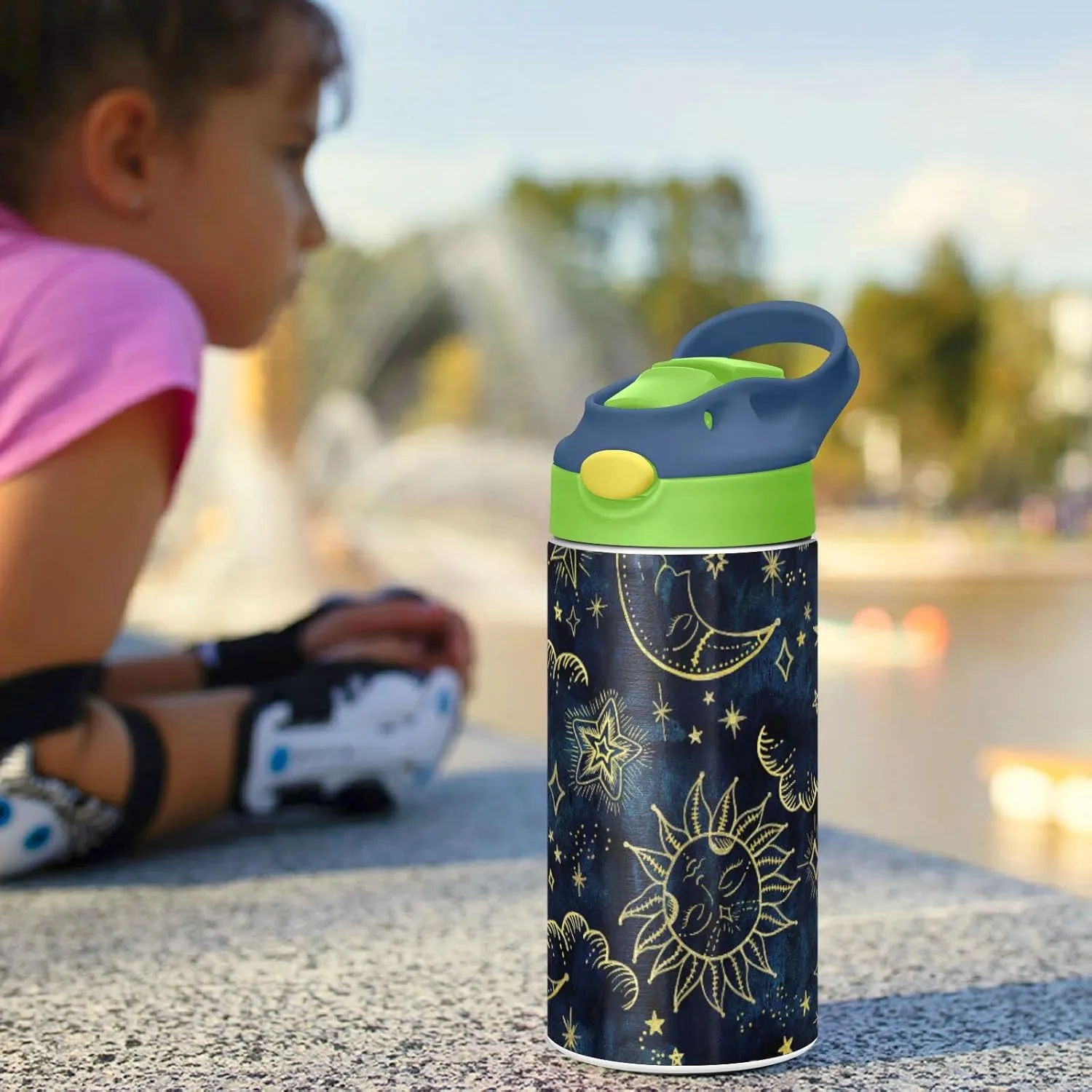 Gold Sun Moon Golden Soleil Cosmos Astrology on Dark Blue Pattern Tumbler with Lid & Straw, Boys Girls Stainless Steel Double Wall Cup Water Bottle BPA-Free Vacuum Insulated Thermal Mug 11.8 Oz