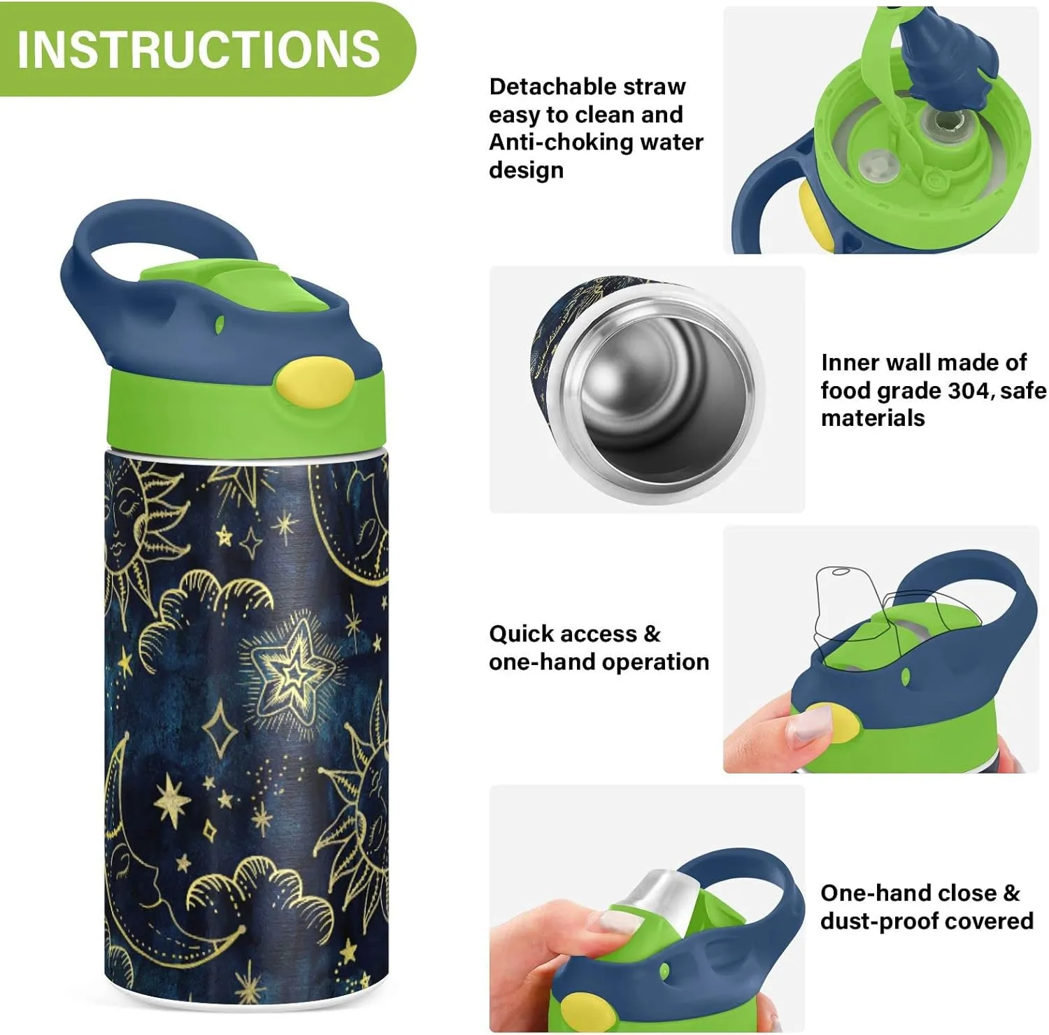 Gold Sun Moon Golden Soleil Cosmos Astrology on Dark Blue Pattern Tumbler with Lid & Straw, Boys Girls Stainless Steel Double Wall Cup Water Bottle BPA-Free Vacuum Insulated Thermal Mug 11.8 Oz