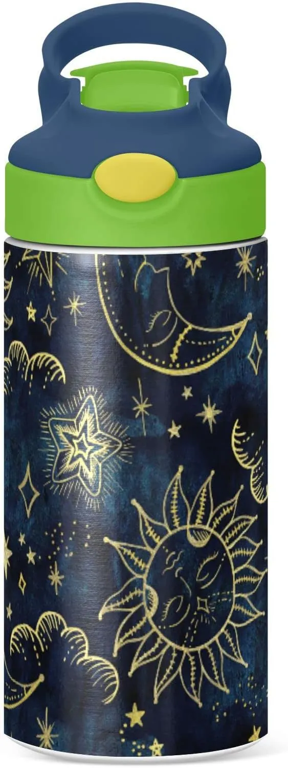 Gold Sun Moon Golden Soleil Cosmos Astrology on Dark Blue Pattern Tumbler with Lid & Straw, Boys Girls Stainless Steel Double Wall Cup Water Bottle BPA-Free Vacuum Insulated Thermal Mug 11.8 Oz