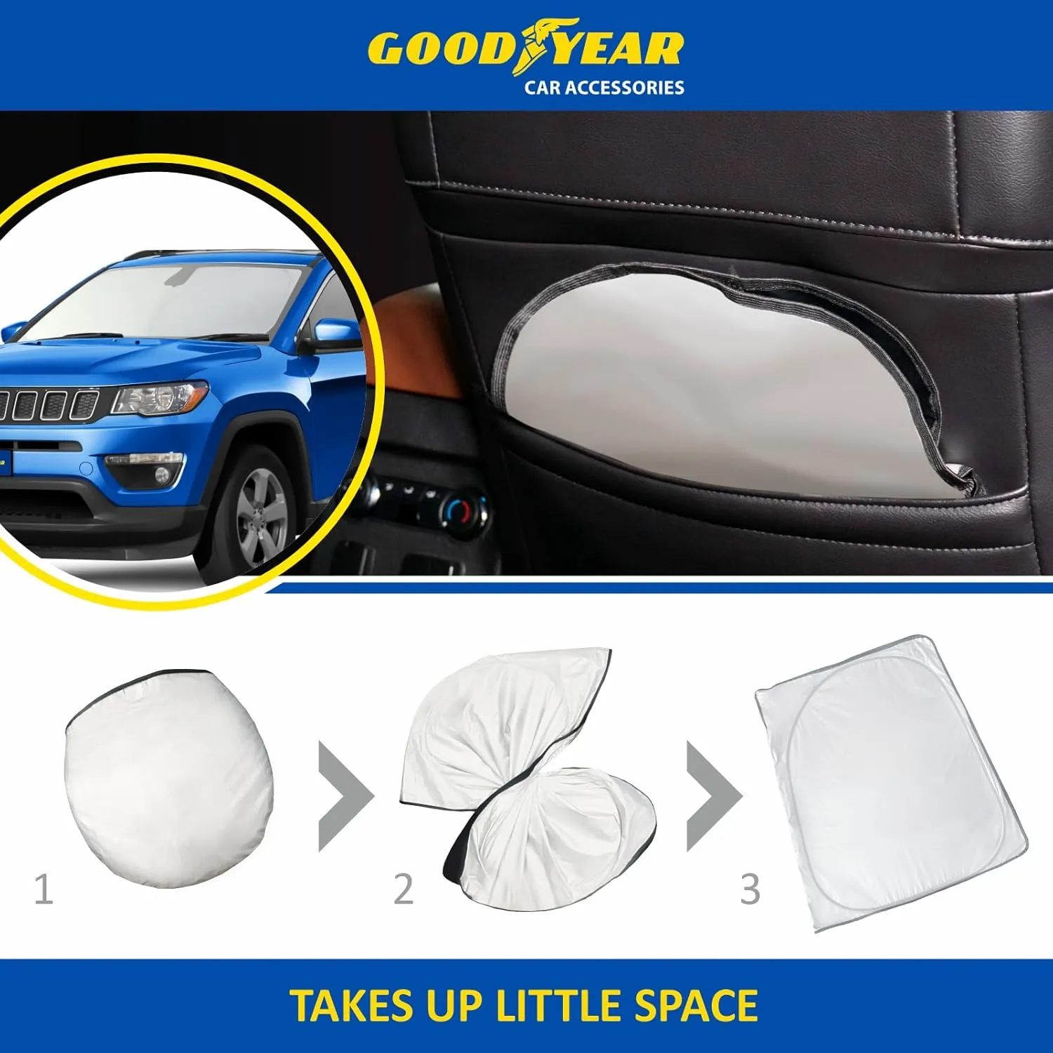Goodyear Foldable Windshield Sunshade for Jeep Compass 2017-2025, SUV car Accessories, Sunshade Cover, Sun Shade Car Windshield, Window Sun Blocker - GY008274