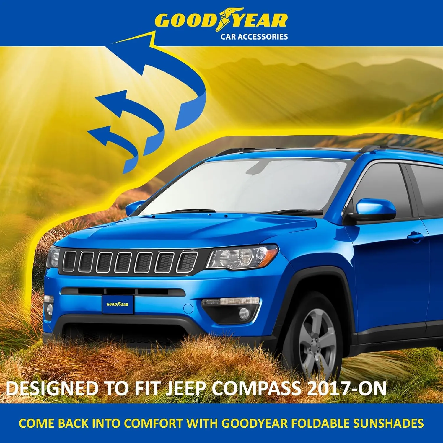 Goodyear Foldable Windshield Sunshade for Jeep Compass 2017-2025, SUV car Accessories, Sunshade Cover, Sun Shade Car Windshield, Window Sun Blocker - GY008274