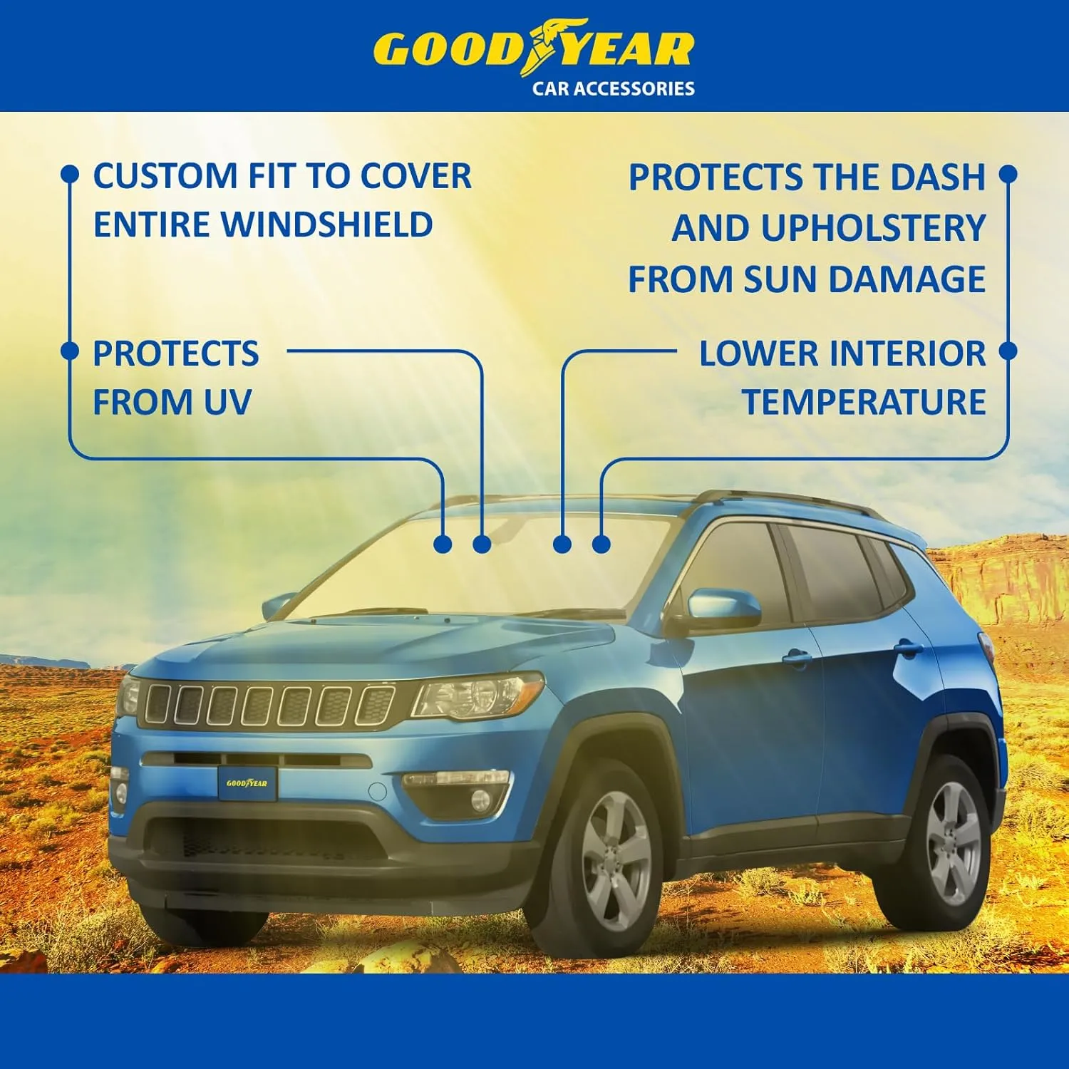 Goodyear Foldable Windshield Sunshade for Jeep Compass 2017-2025, SUV car Accessories, Sunshade Cover, Sun Shade Car Windshield, Window Sun Blocker - GY008274