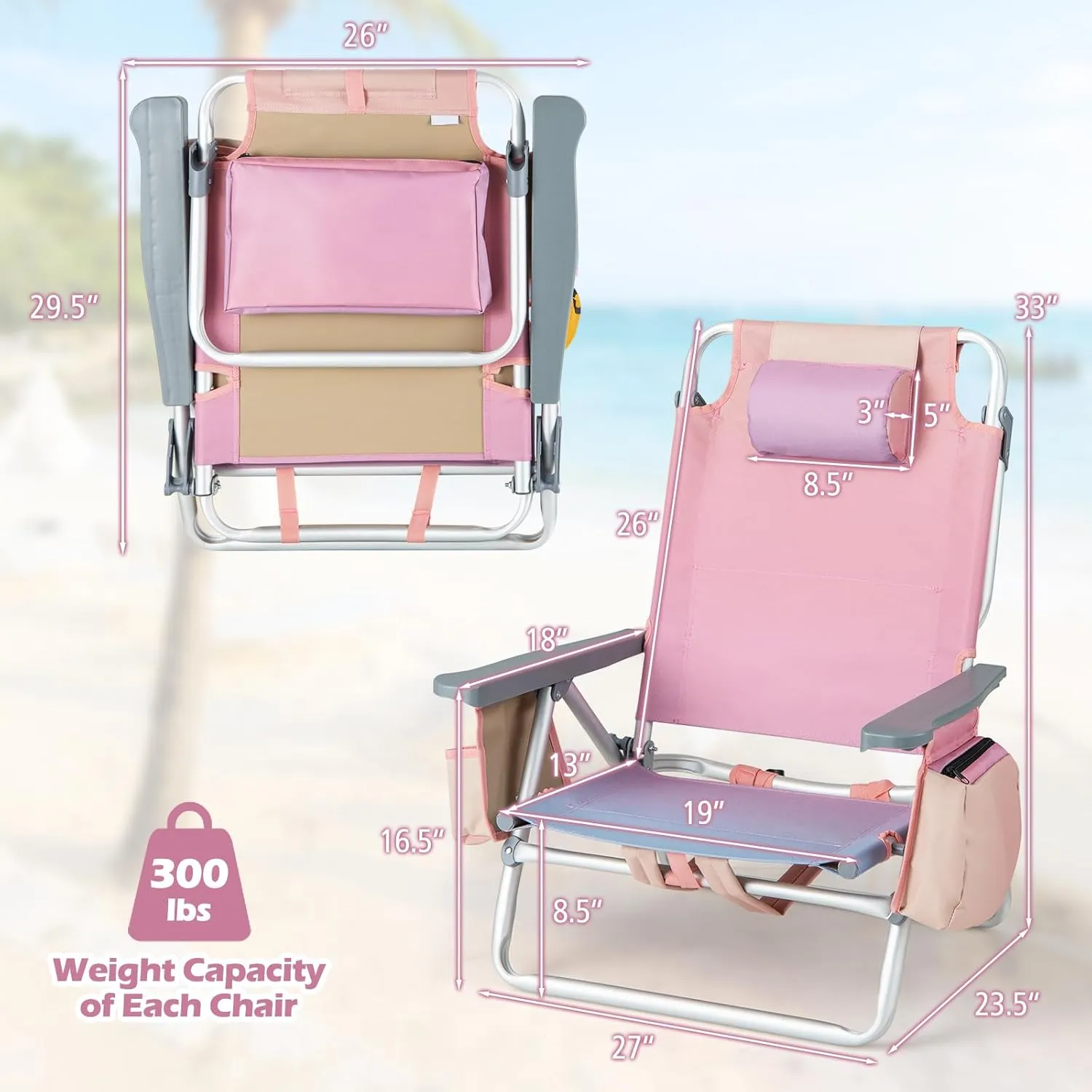 Goplus Beach Chair, Folding Backpack Beach Chairs for Adults with 5 Positions, Head Pillow, Cooler Bag, Towel Bar, Cup Holders, Sunbath Sling Tanning Lounge, Foldable Layout Camping Chairs