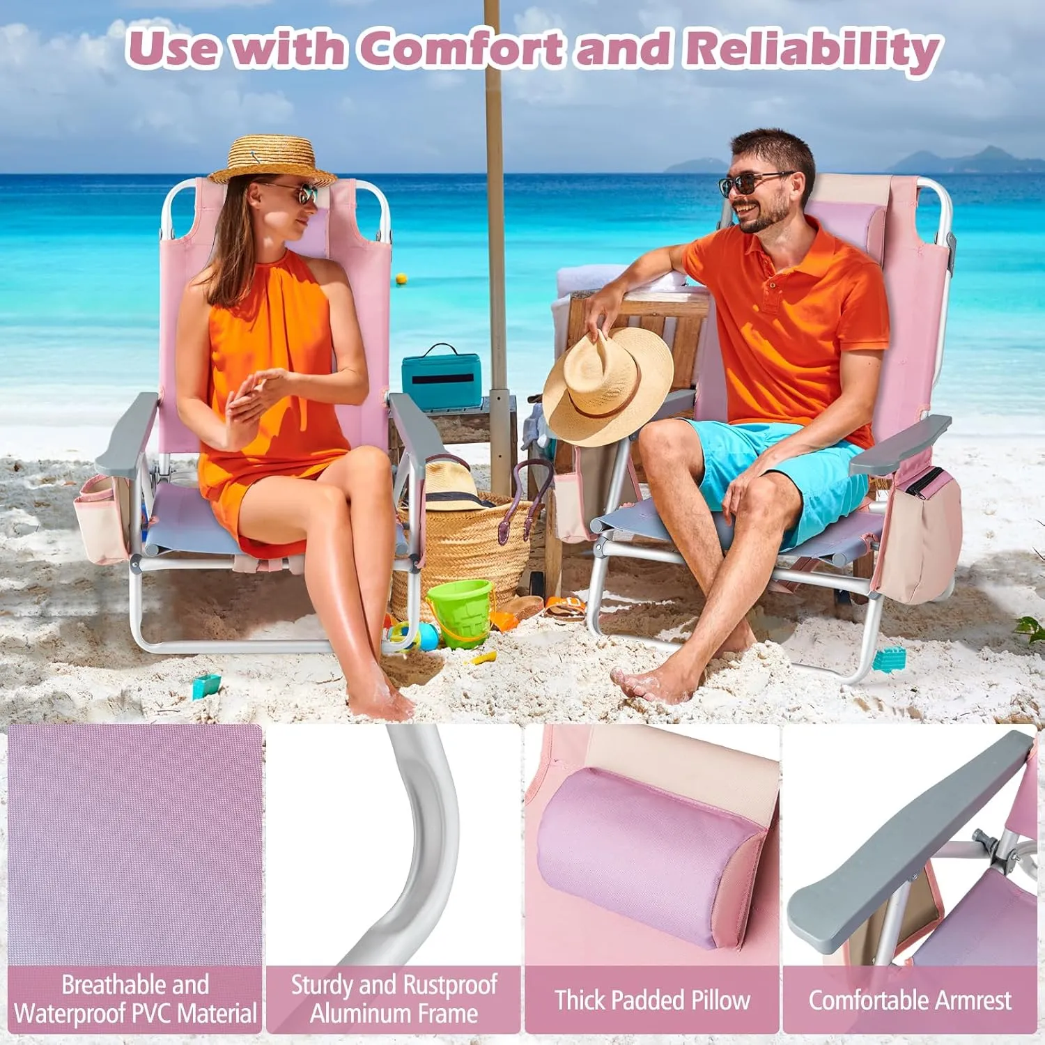 Goplus Beach Chair, Folding Backpack Beach Chairs for Adults with 5 Positions, Head Pillow, Cooler Bag, Towel Bar, Cup Holders, Sunbath Sling Tanning Lounge, Foldable Layout Camping Chairs