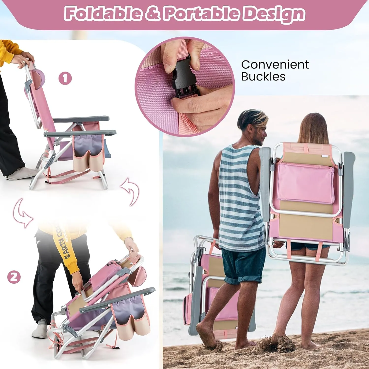 Goplus Beach Chair, Folding Backpack Beach Chairs for Adults with 5 Positions, Head Pillow, Cooler Bag, Towel Bar, Cup Holders, Sunbath Sling Tanning Lounge, Foldable Layout Camping Chairs