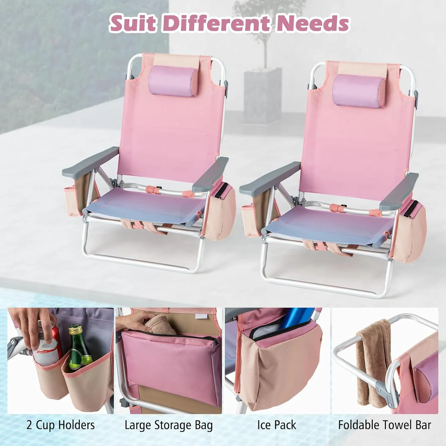 Goplus Beach Chair, Folding Backpack Beach Chairs for Adults with 5 Positions, Head Pillow, Cooler Bag, Towel Bar, Cup Holders, Sunbath Sling Tanning Lounge, Foldable Layout Camping Chairs