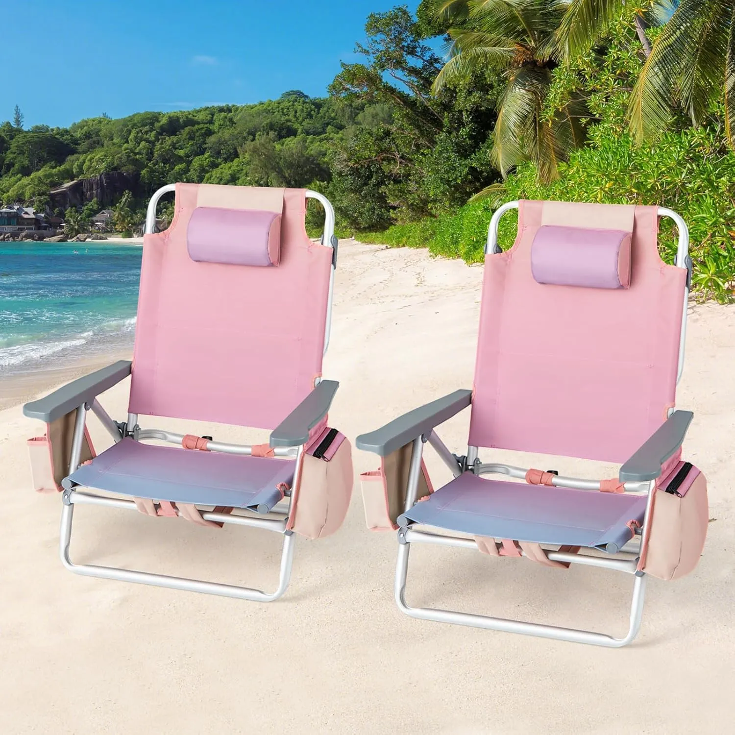 Goplus Beach Chair, Folding Backpack Beach Chairs for Adults with 5 Positions, Head Pillow, Cooler Bag, Towel Bar, Cup Holders, Sunbath Sling Tanning Lounge, Foldable Layout Camping Chairs