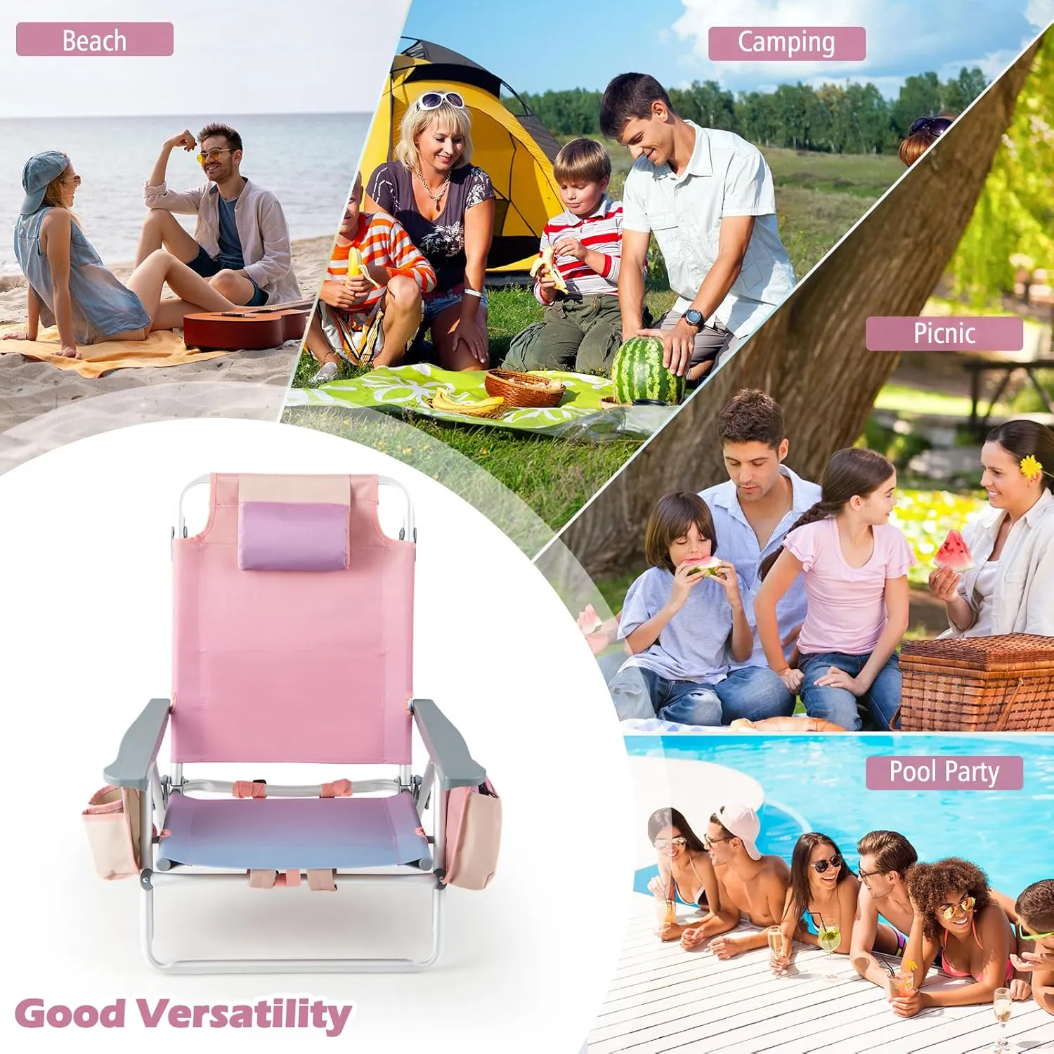 Goplus Beach Chair, Folding Backpack Beach Chairs for Adults with 5 Positions, Head Pillow, Cooler Bag, Towel Bar, Cup Holders, Sunbath Sling Tanning Lounge, Foldable Layout Camping Chairs