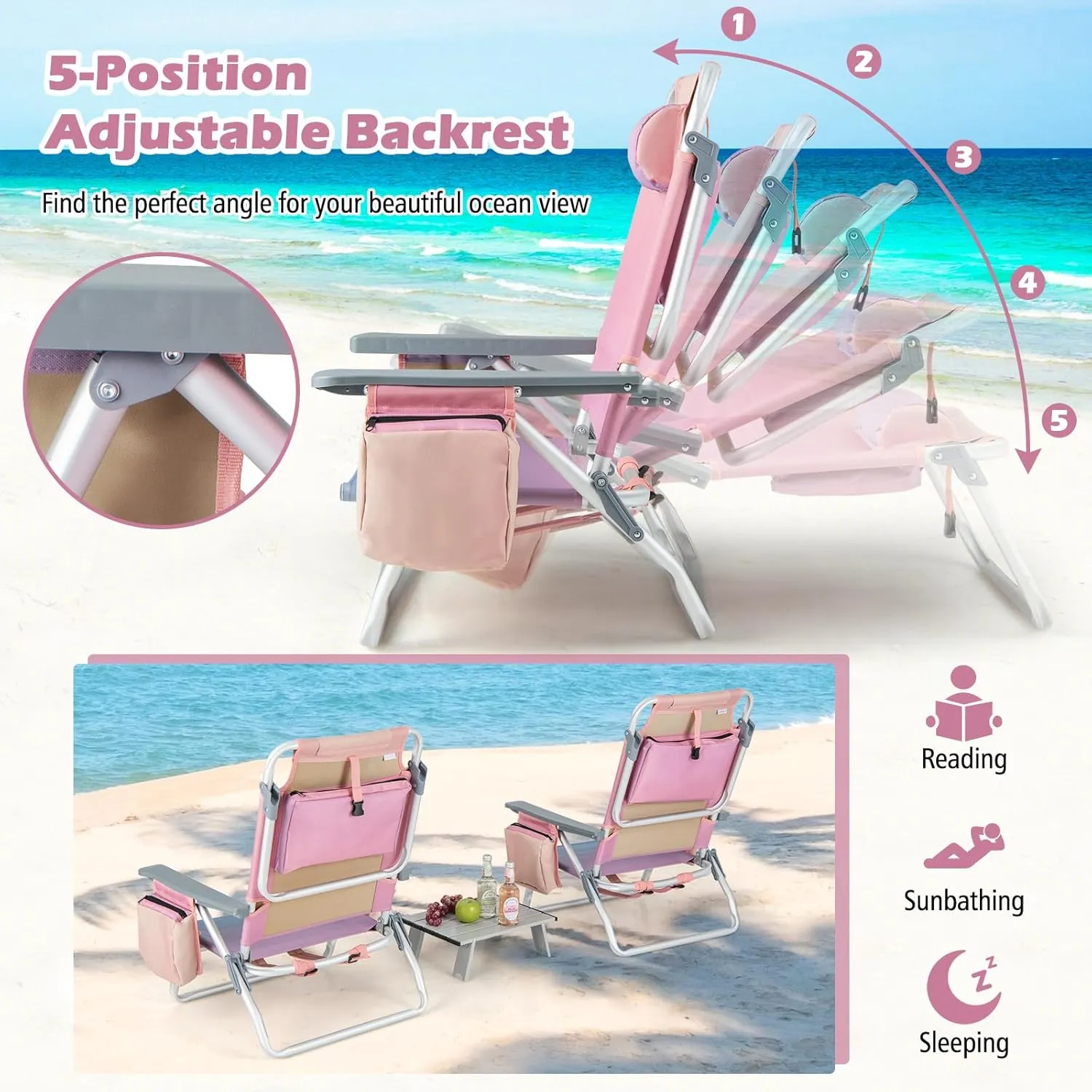 Goplus Beach Chair, Folding Backpack Beach Chairs for Adults with 5 Positions, Head Pillow, Cooler Bag, Towel Bar, Cup Holders, Sunbath Sling Tanning Lounge, Foldable Layout Camping Chairs