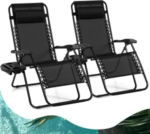 Goplus Zero Gravity Lounge Chairs, 160°Adjustable Folding Recliner w/Pillow and Cup Holder, 350LBS Comfy Outdoor Lounge Chairs for Patio, Lawn, Yard & Camp(Set of 2, Black)
