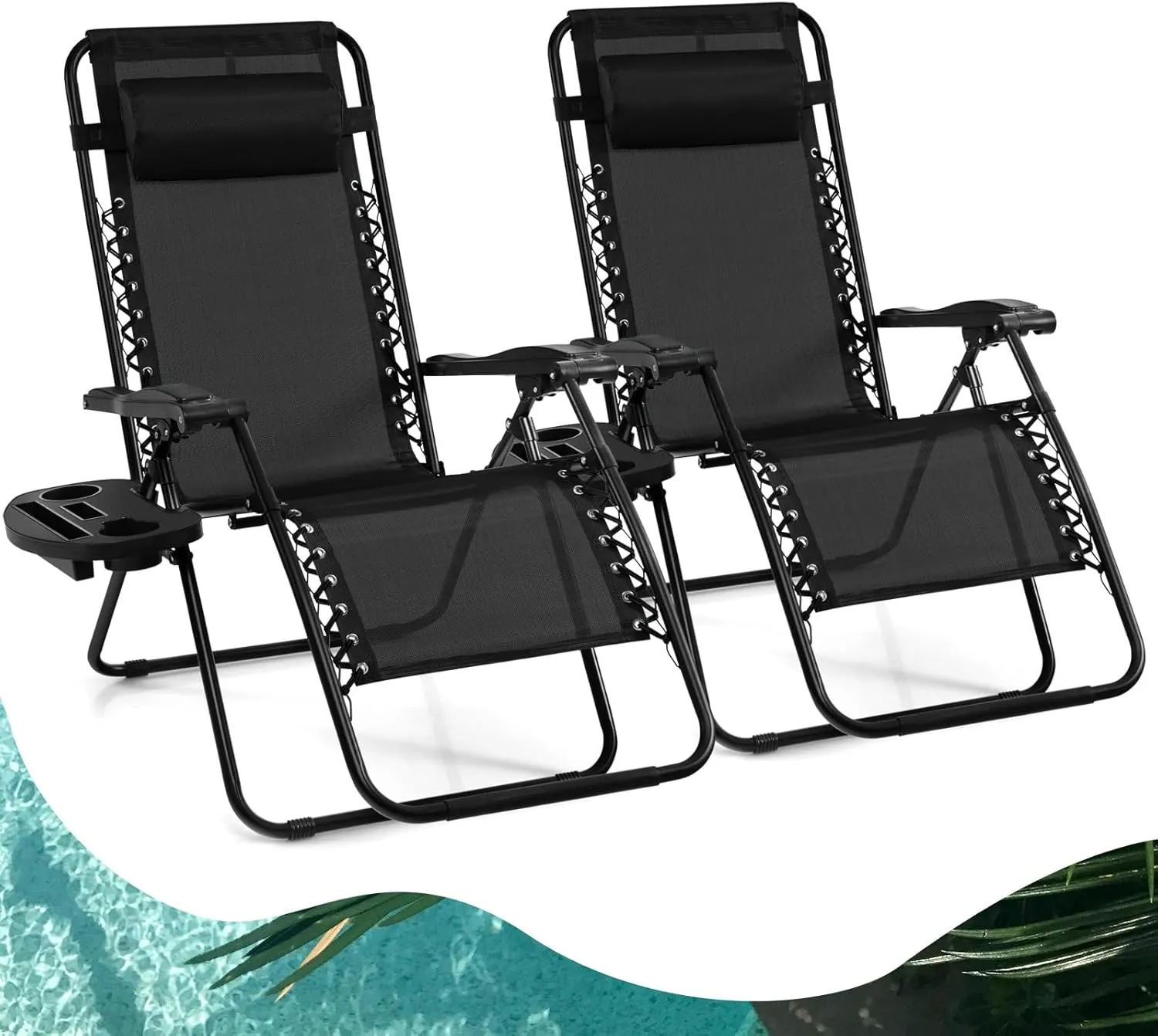 Goplus Zero Gravity Lounge Chairs, 160°Adjustable Folding Recliner w/Pillow and Cup Holder, 350LBS Comfy Outdoor Lounge Chairs for Patio, Lawn, Yard & Camp(Set of 2, Black)