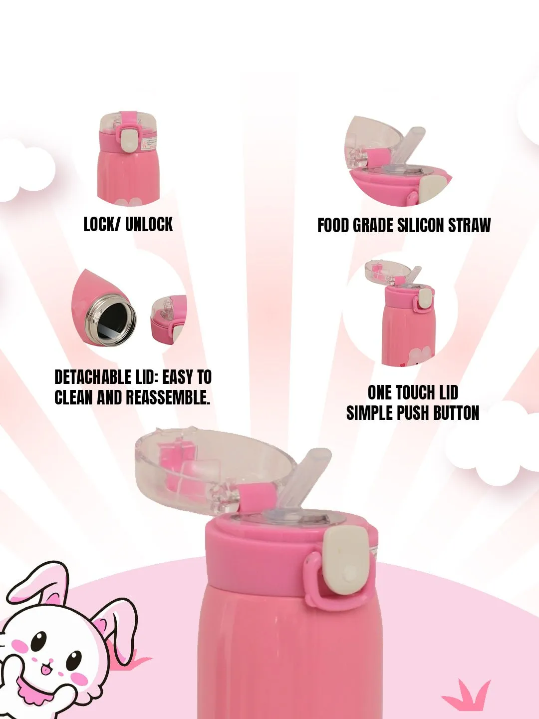 Gradient Pink Hello Bunny Insulated Hot & Cold Stainless Steel Sipper Bottle- 500 ML