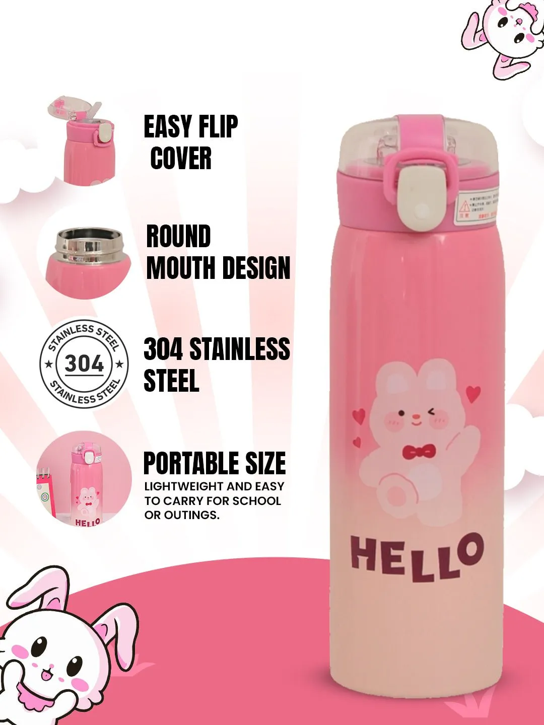 Gradient Pink Hello Bunny Insulated Hot & Cold Stainless Steel Sipper Bottle- 500 ML