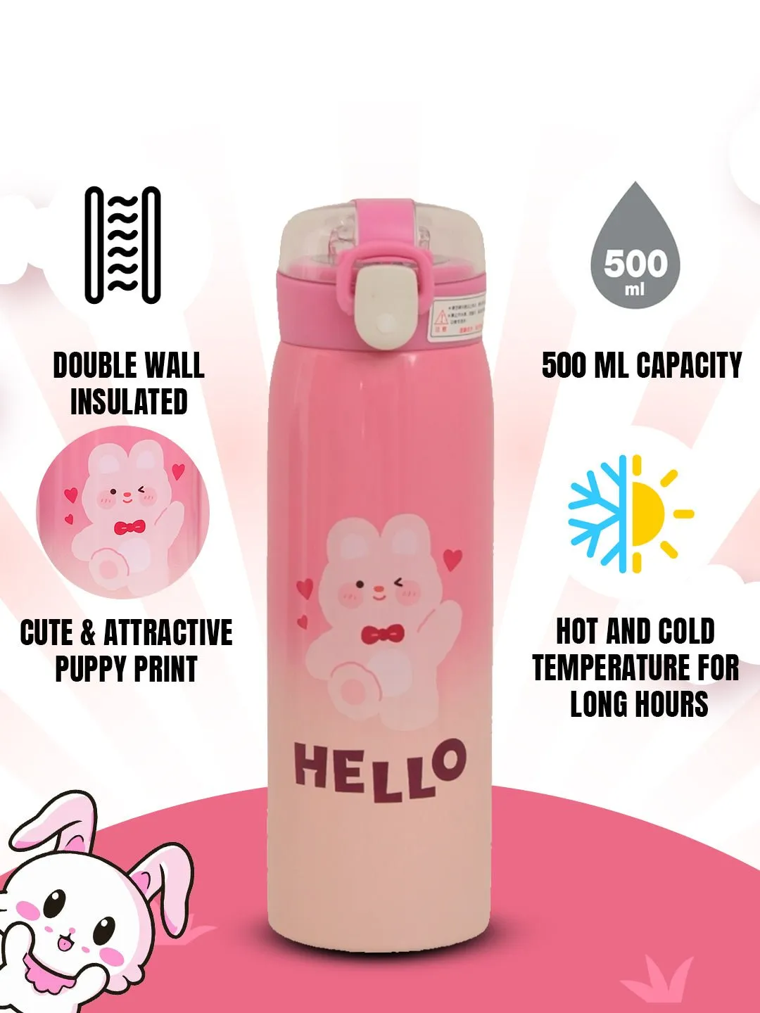 Gradient Pink Hello Bunny Insulated Hot & Cold Stainless Steel Sipper Bottle- 500 ML