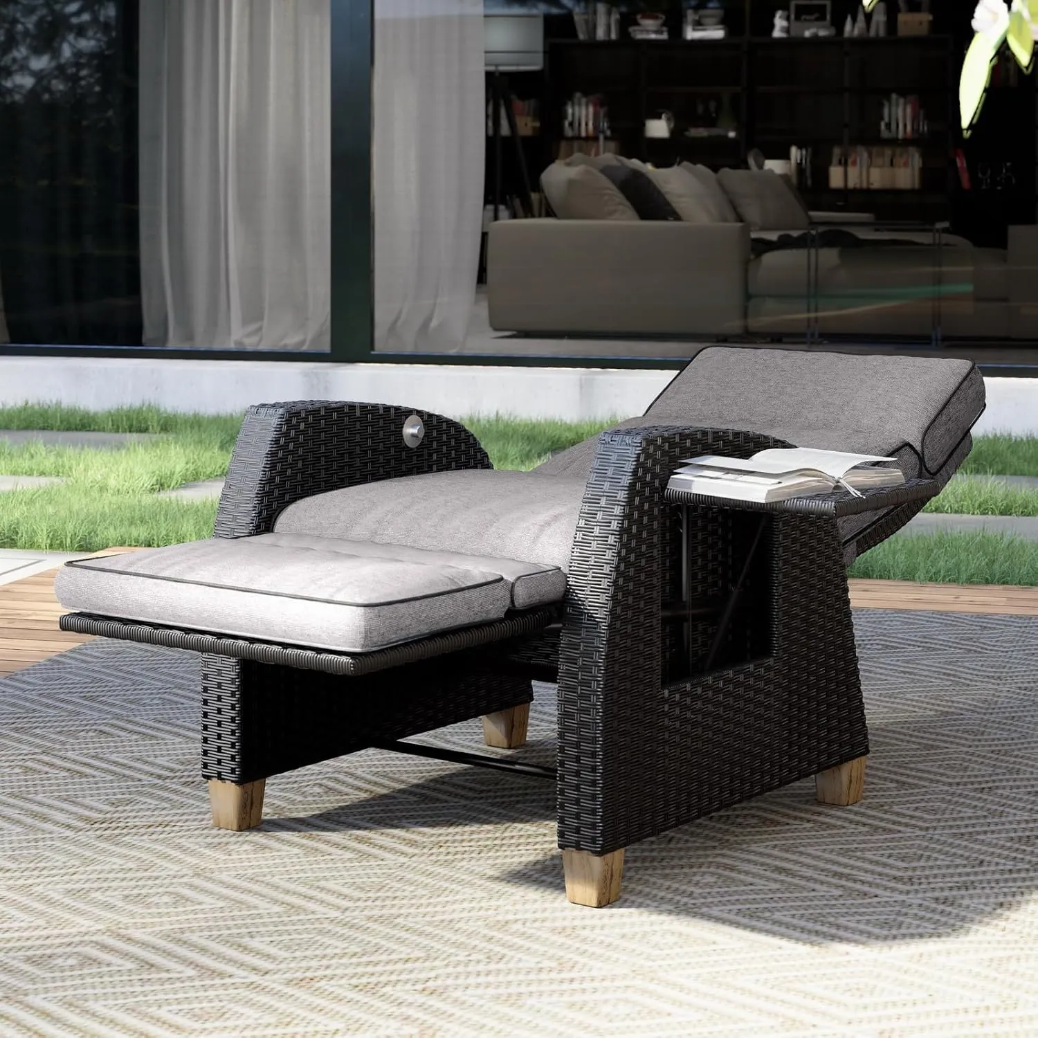 Grand patio Outdoor Recliner Chair Patio 150° Lay Flat Recliner with Flip Table Wicker Reclining Lounge Chair Cool Grey