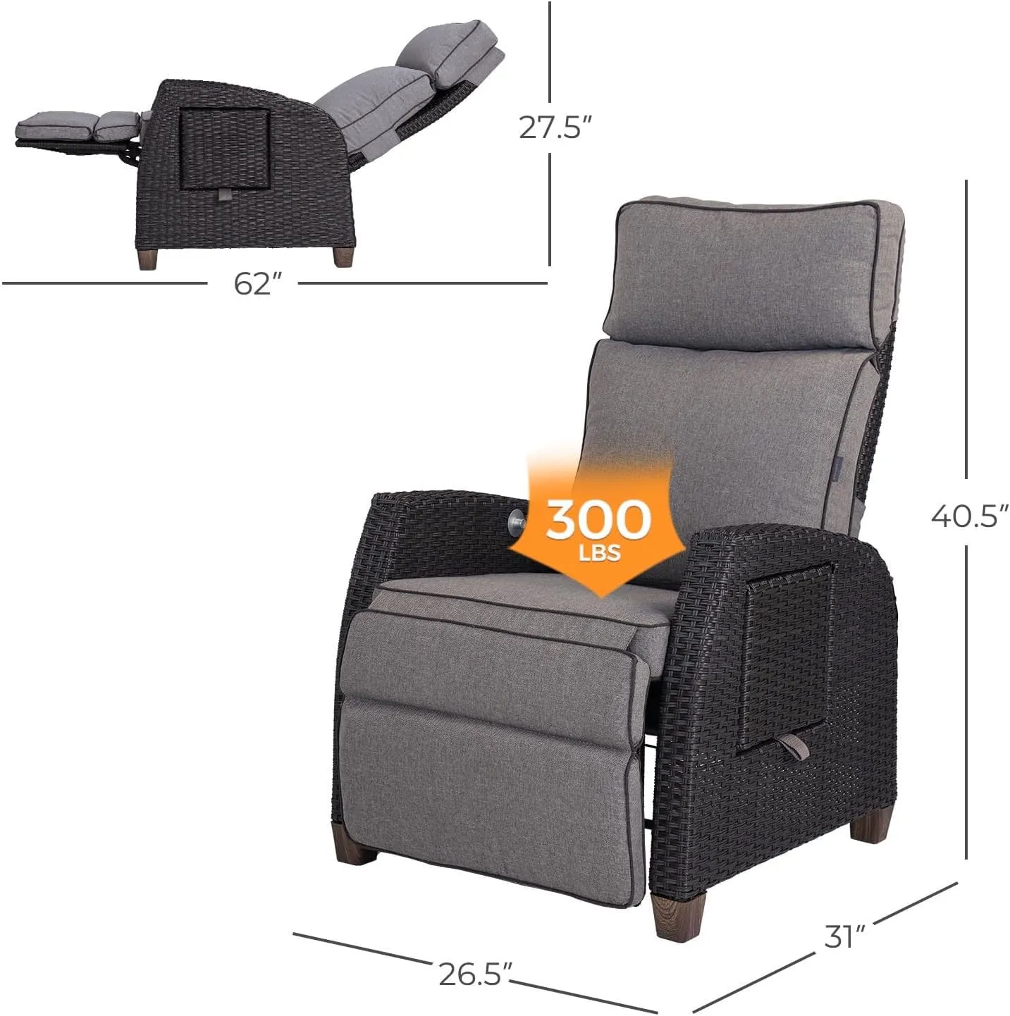 Grand patio Outdoor Recliner Chair Patio 150° Lay Flat Recliner with Flip Table Wicker Reclining Lounge Chair Cool Grey