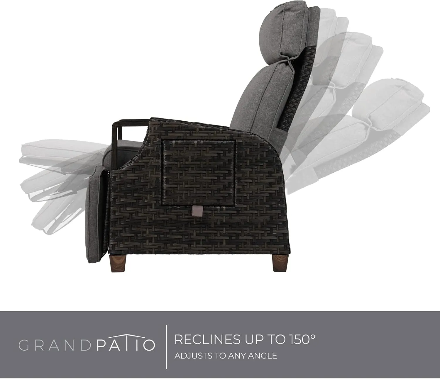 Grand patio Outdoor Recliner with Independent Adjustable Back and Footrest, Air Pump 150° Lay Flat Reclining Chair Removable Olefin Cushion Flip-Up Table Wicker Grey 1PC