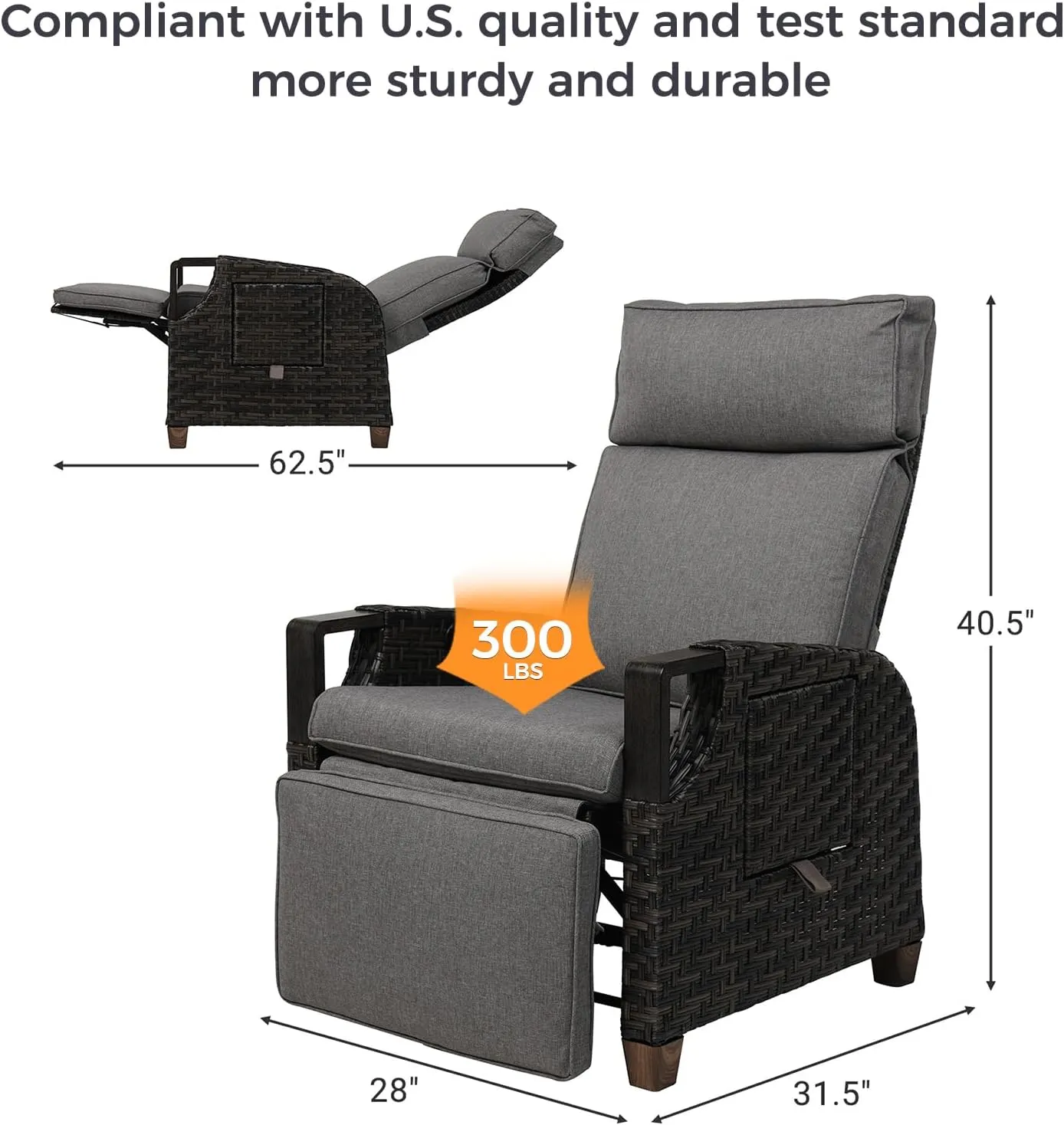 Grand patio Outdoor Recliner with Independent Adjustable Back and Footrest, Air Pump 150° Lay Flat Reclining Chair Removable Olefin Cushion Flip-Up Table Wicker Grey 1PC