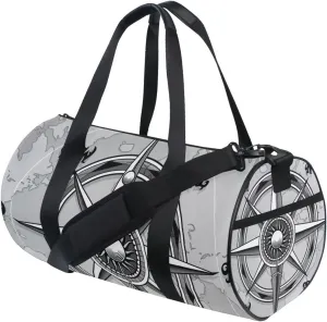 Grasses Classic Vintage Wind Compass Rose on Map Background Duffel Bag, Foldable Canvas Travel Tote for Gym Sports with Inner Pockets, Durable Lightweight Fitness Bag for Overnight Workout
