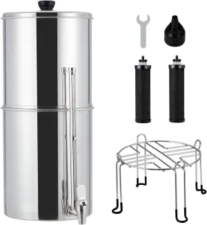 Gravity-fed Water Filter System, 2.25 Gallon Stainless Steel Countertop Filter System with 2 Filters and Stand, Reduce 99% Chlorine, for Home, Camping, RV, Fishing
